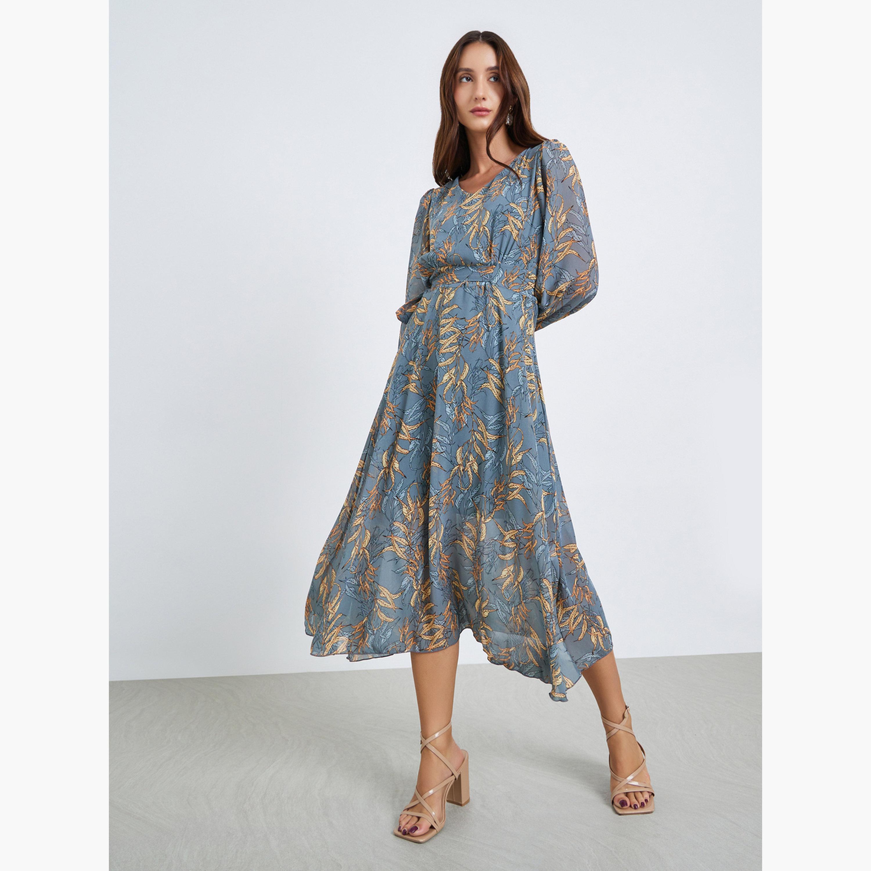 Take Two Women Leaf Printed V-Neck Elastic Cuff Midi Dress-women-clothing-dresses-image-1