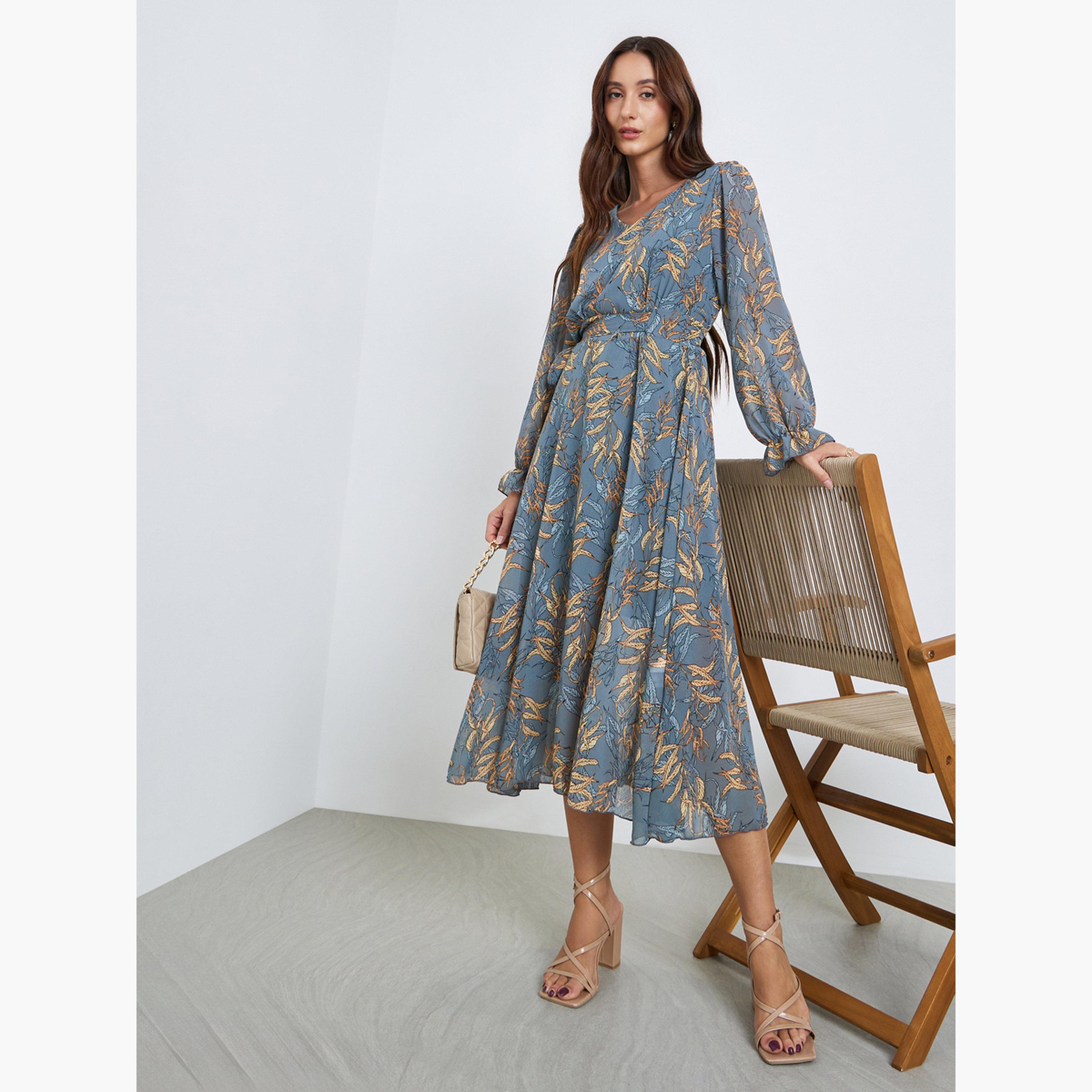 Take Two Women Leaf Printed V-Neck Elastic Cuff Midi Dress-women-clothing-dresses-image-2