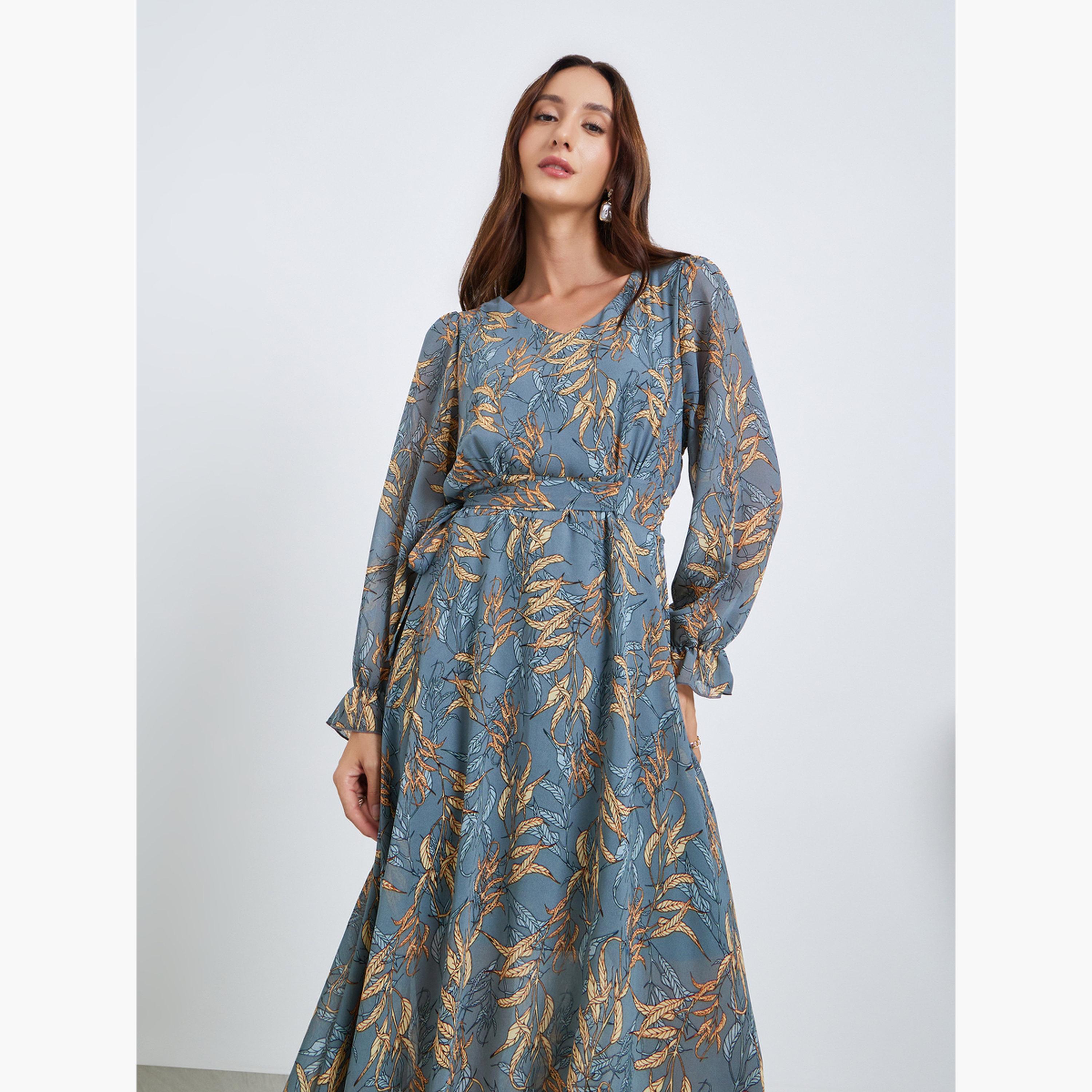 Take Two Women Leaf Printed V-Neck Elastic Cuff Midi Dress-women-clothing-dresses-image-3