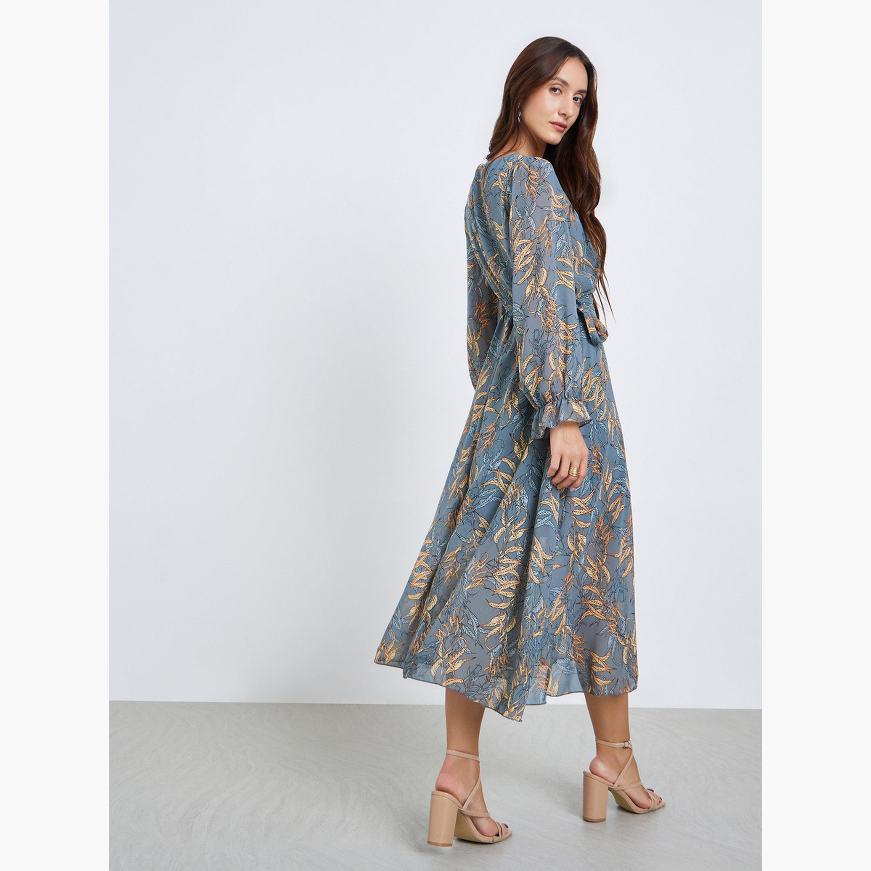 Take Two Women Leaf Printed V-Neck Elastic Cuff Midi Dress-women-clothing-dresses-image-4