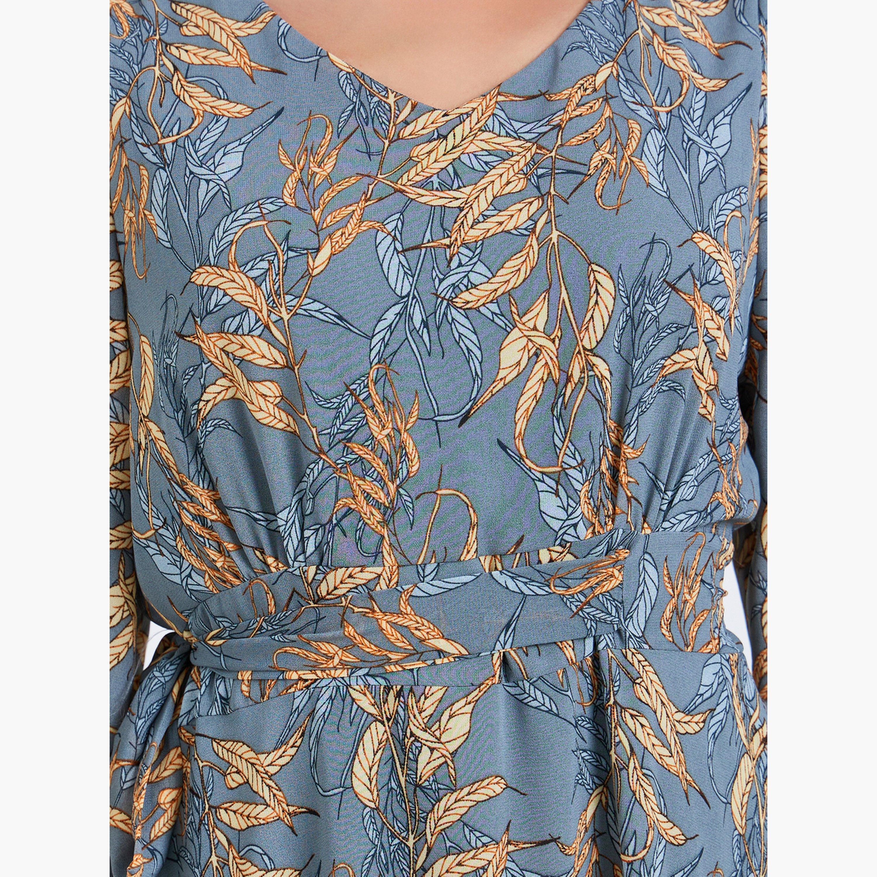 فستان ميدي بأساور مرنة وطبعة أوراق شجر-women-clothing-dresses-image-5