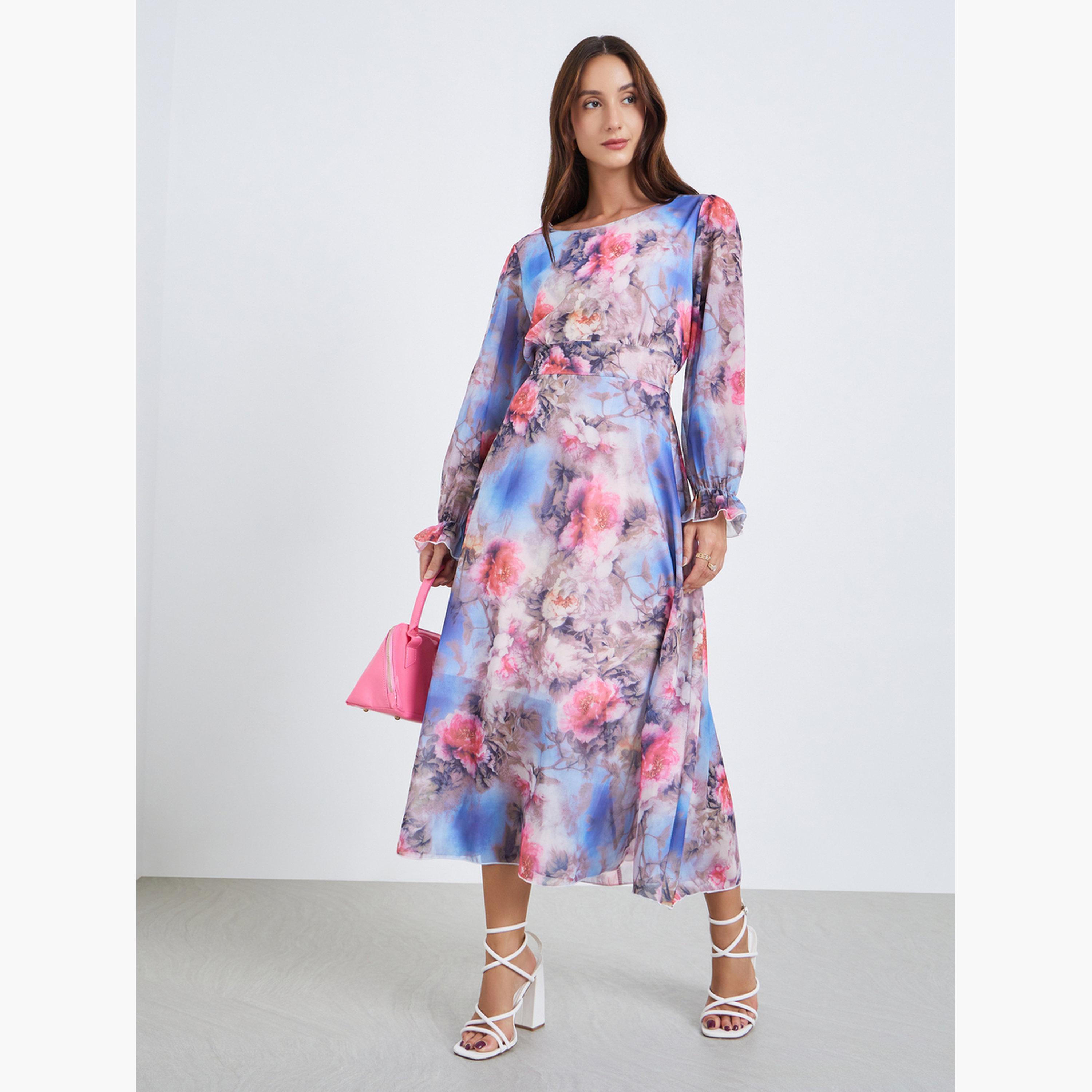 فستان ميدي بياقة دائرية وأساور مرنة وطبعة زهور-women-clothing-dresses-image-1