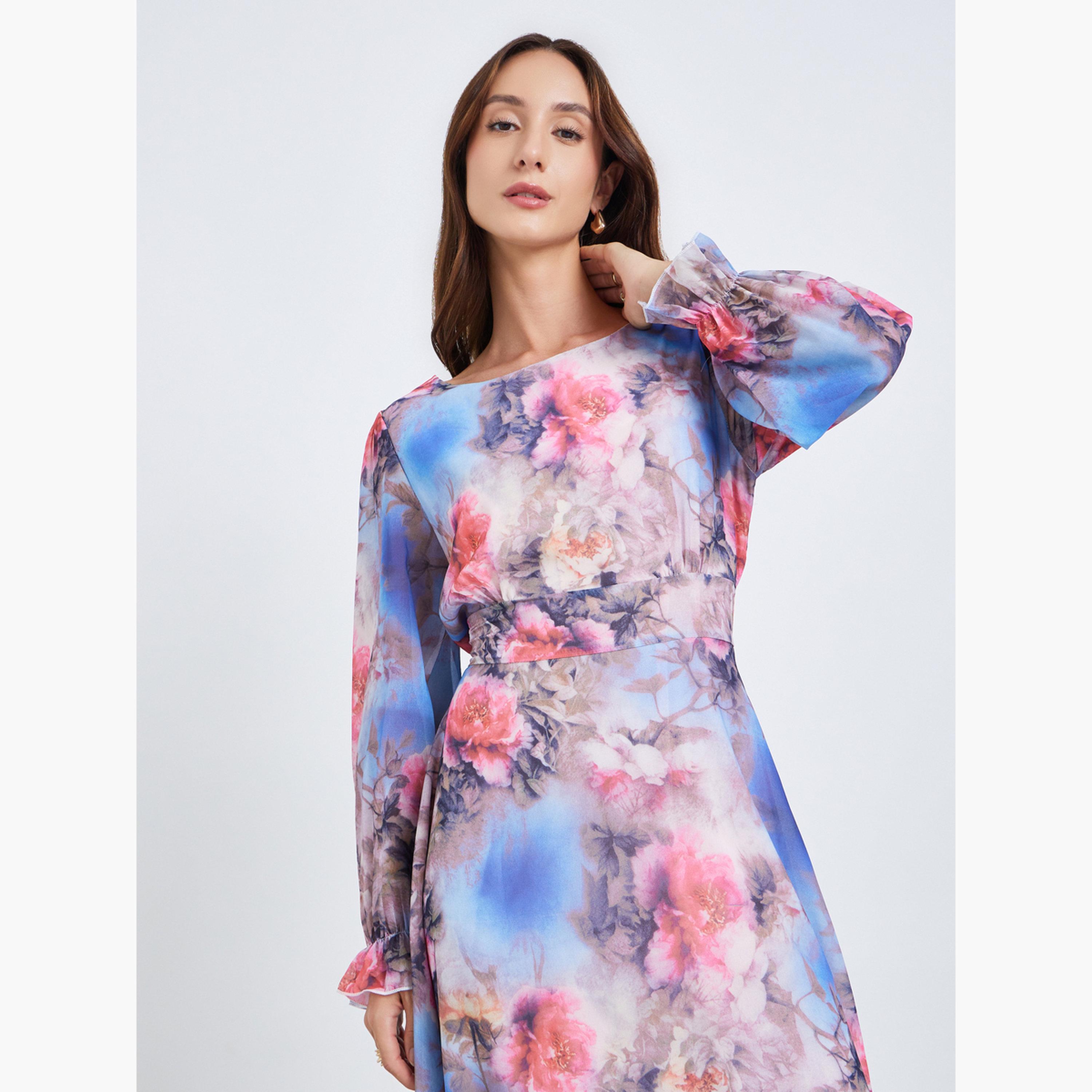 فستان ميدي بياقة دائرية وأساور مرنة وطبعة زهور-women-clothing-dresses-image-2