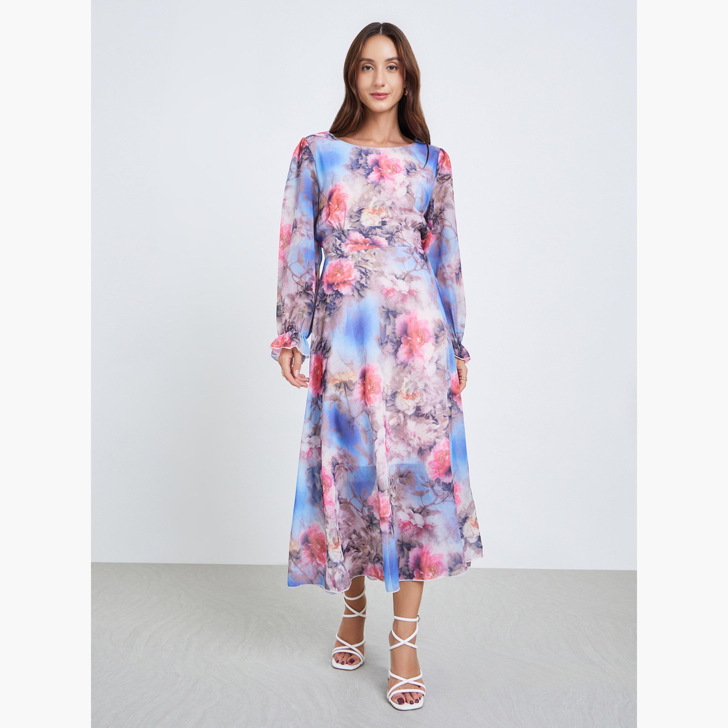 فستان ميدي بياقة دائرية وأساور مرنة وطبعة زهور-women-clothing-dresses-image-3