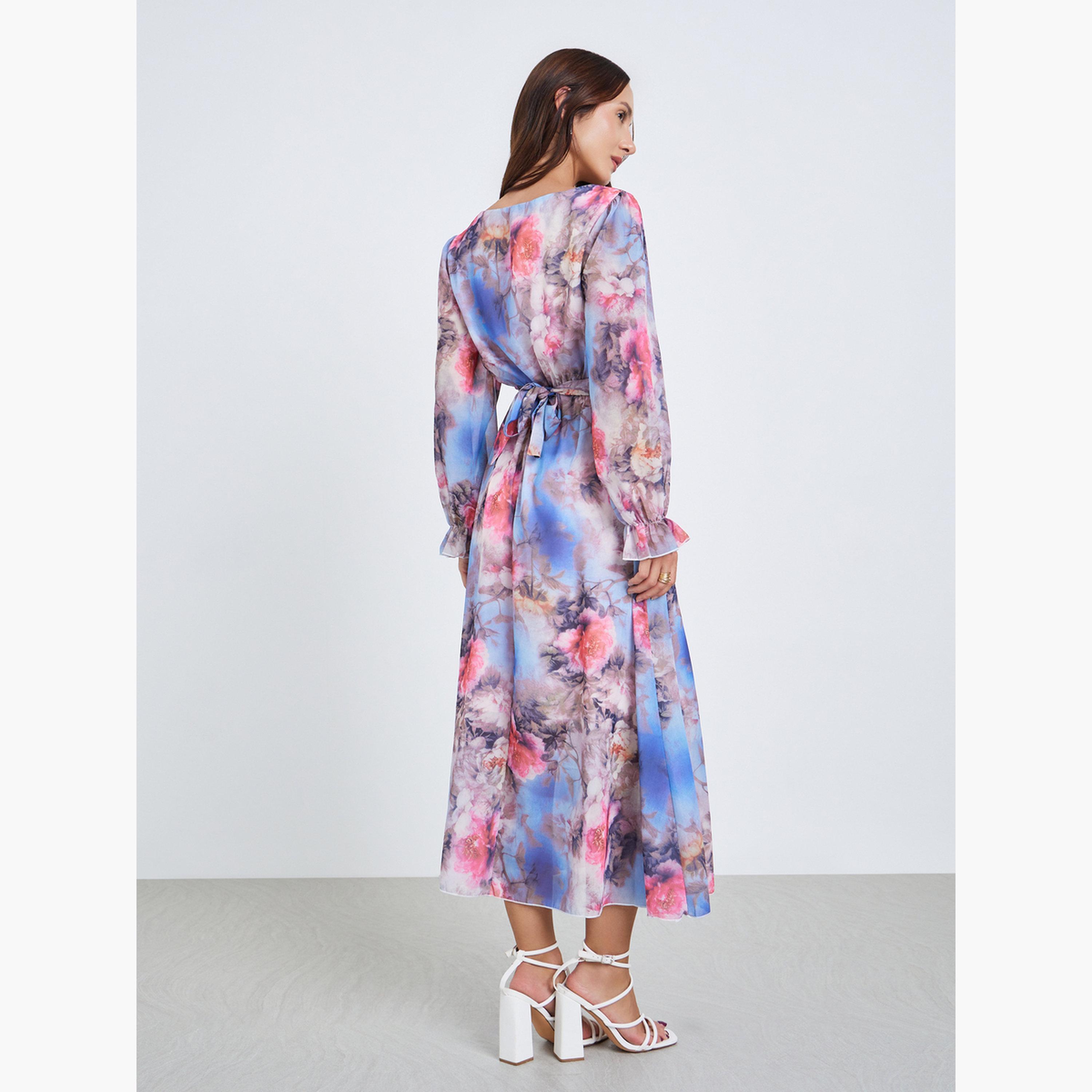 فستان ميدي بياقة دائرية وأساور مرنة وطبعة زهور-women-clothing-dresses-image-4