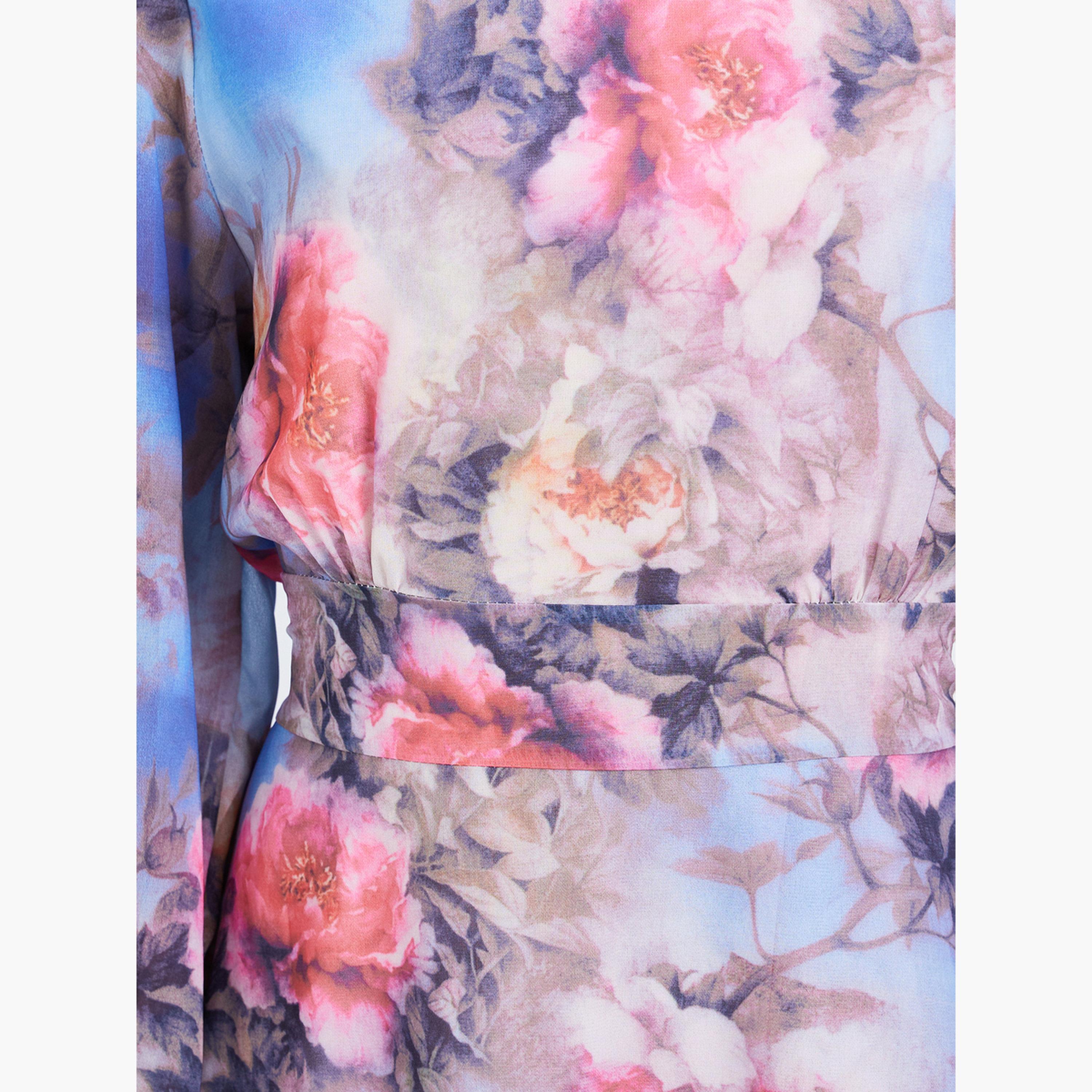 فستان ميدي بياقة دائرية وأساور مرنة وطبعة زهور-women-clothing-dresses-image-5