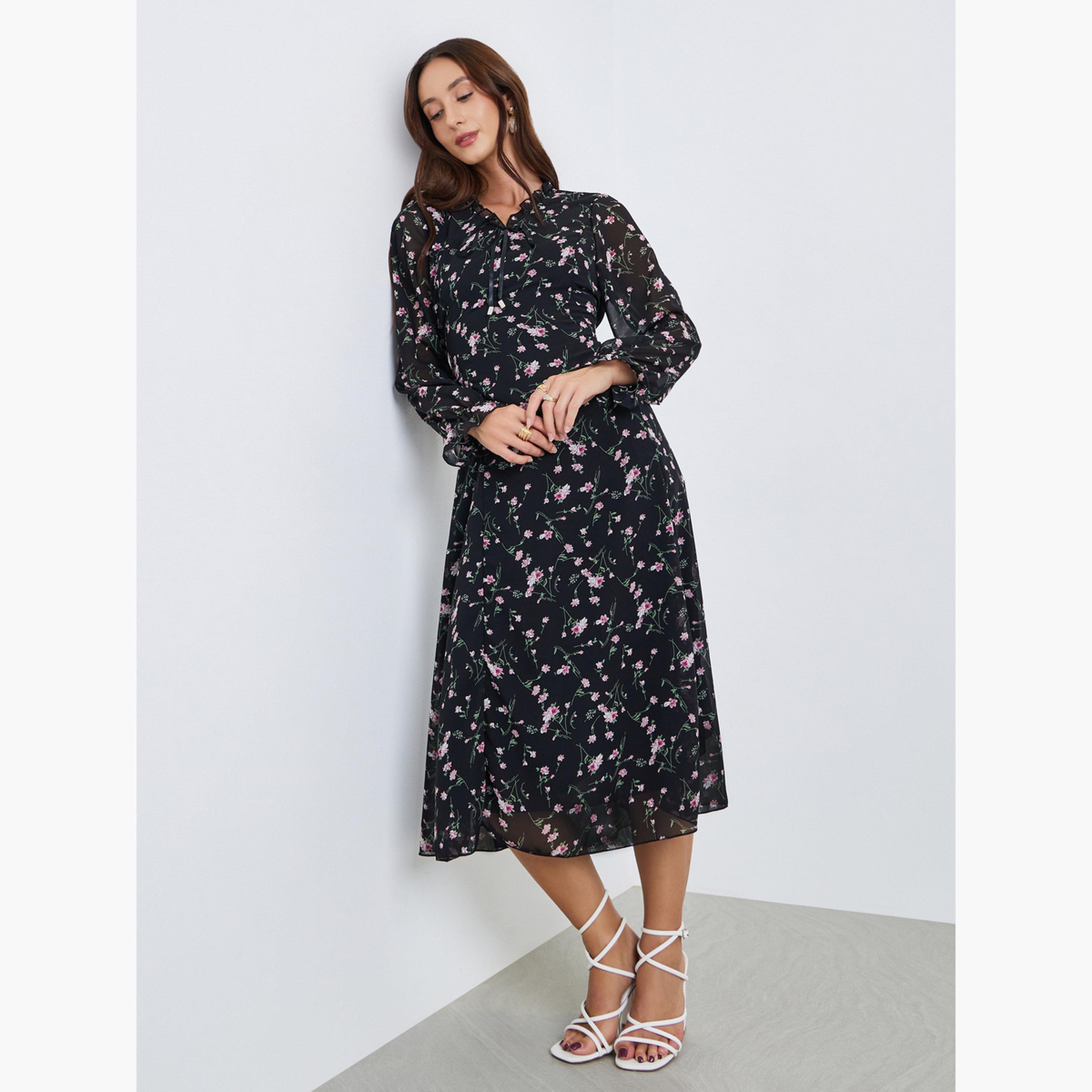 فستان ميدي بياقة دائرية وأساور مرنة وطبعة زهور-women-clothing-dresses-image-1