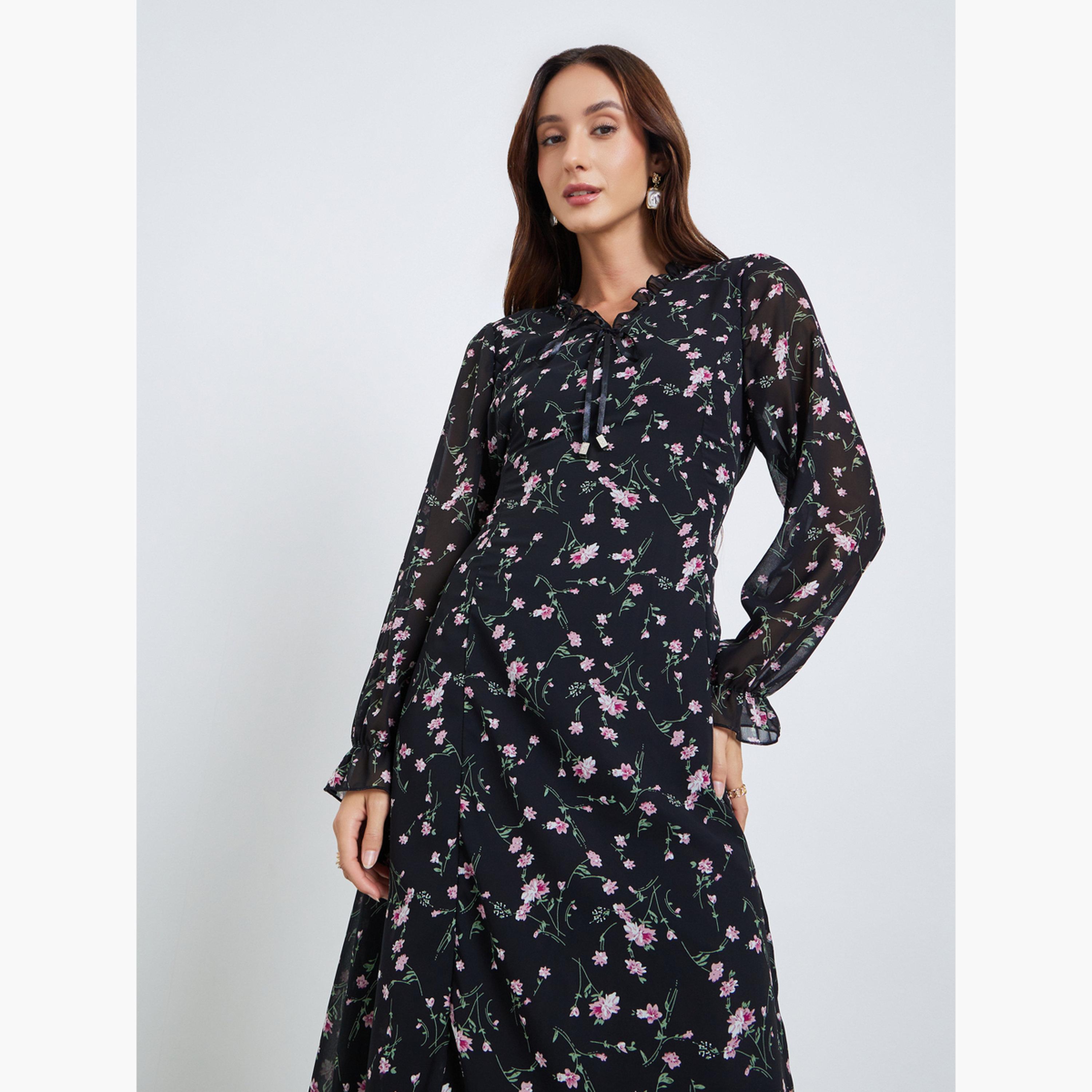Take Two Women Floral Printed Round Neck Elastic Cuff Midi Dress-women-clothing-dresses-image-2