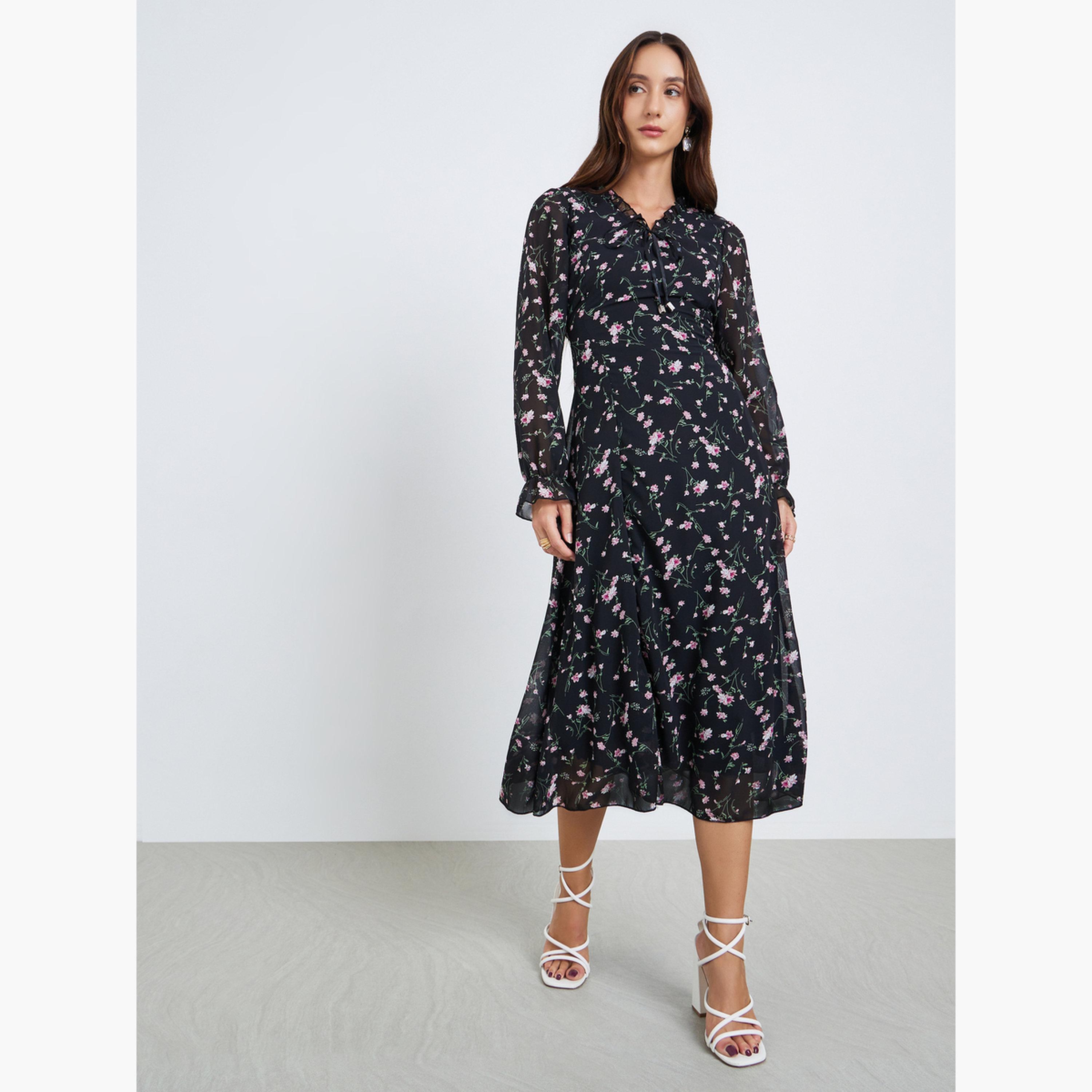 Take Two Women Floral Printed Round Neck Elastic Cuff Midi Dress-women-clothing-dresses-image-3