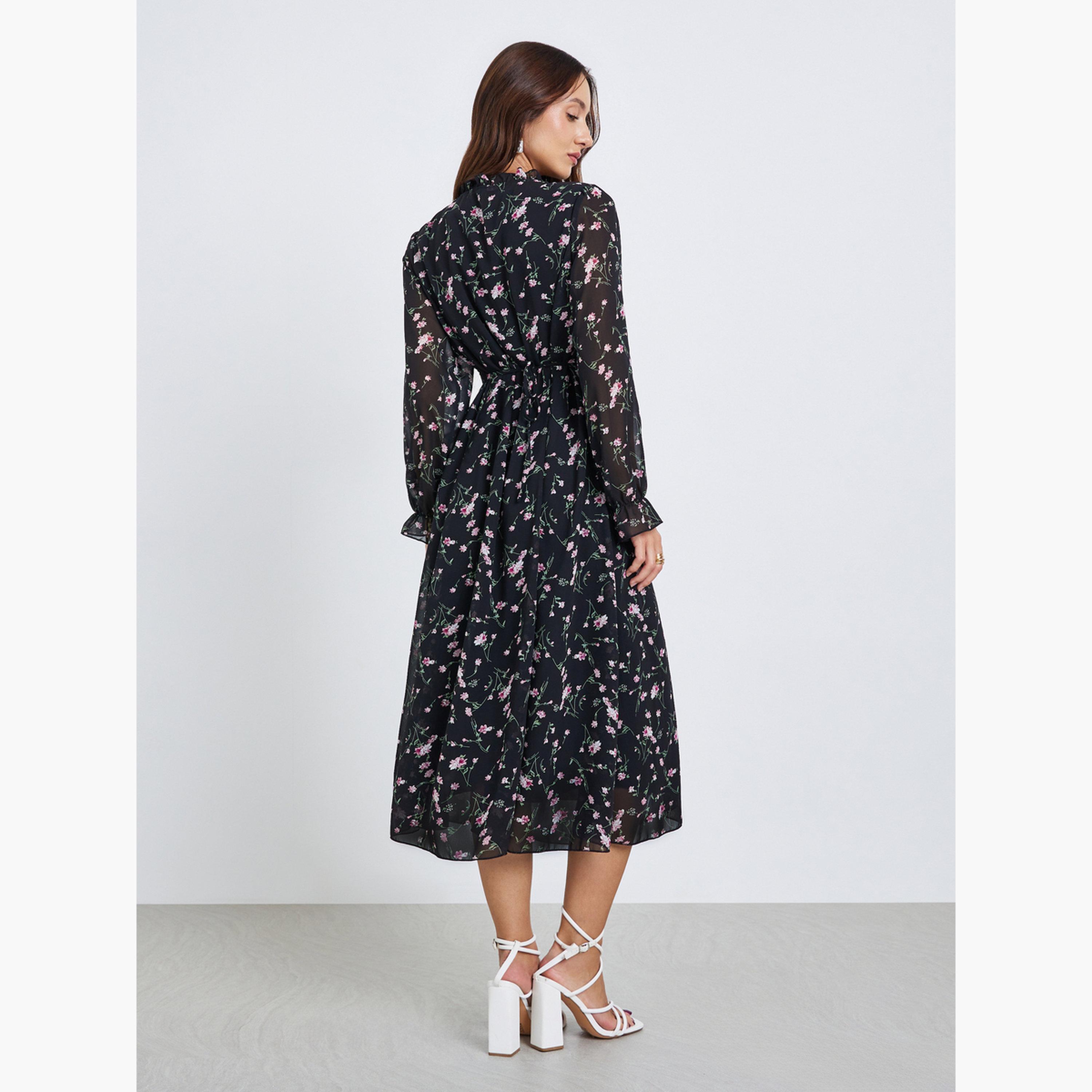 Take Two Women Floral Printed Round Neck Elastic Cuff Midi Dress-women-clothing-dresses-image-4