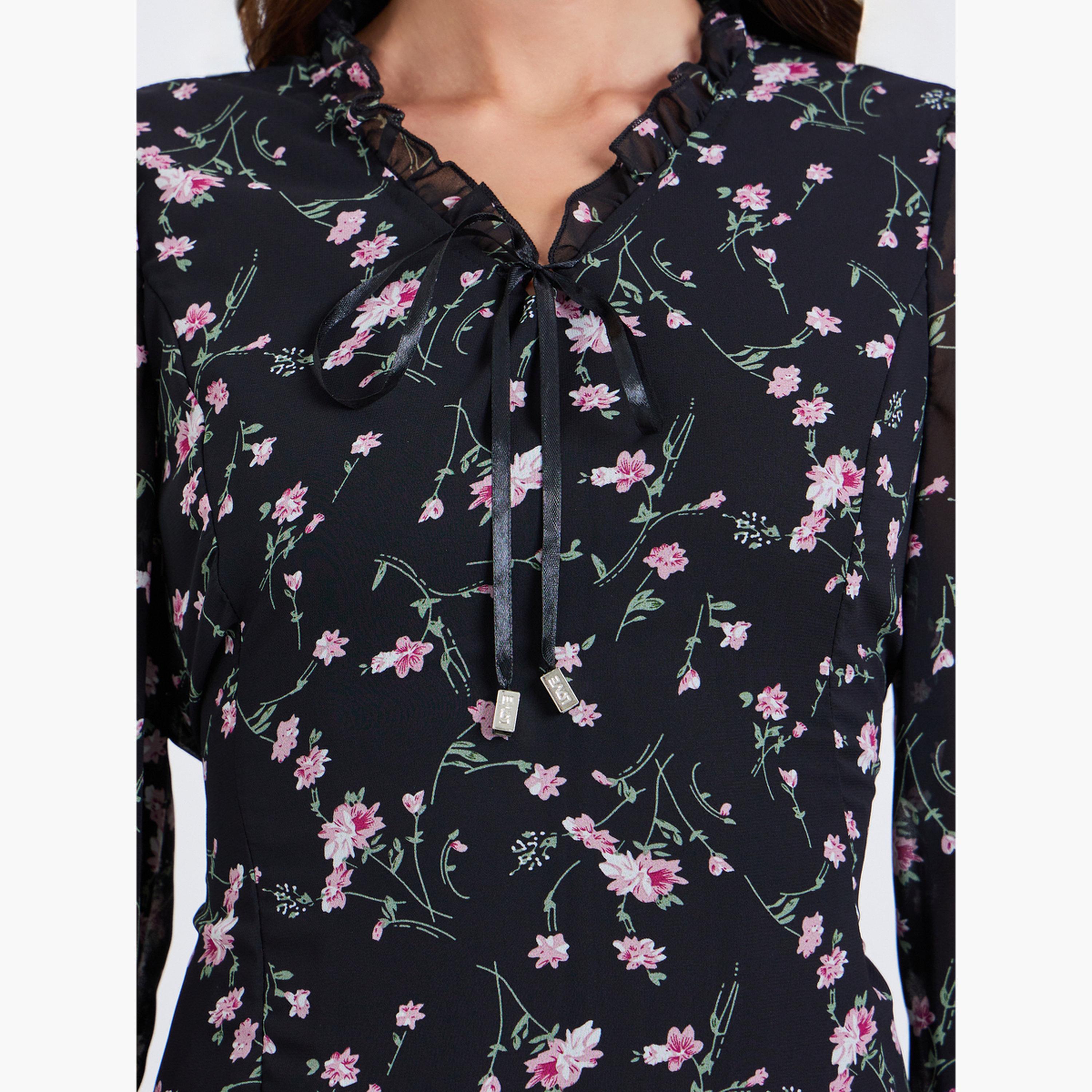 Take Two Women Floral Printed Round Neck Elastic Cuff Midi Dress-women-clothing-dresses-image-5