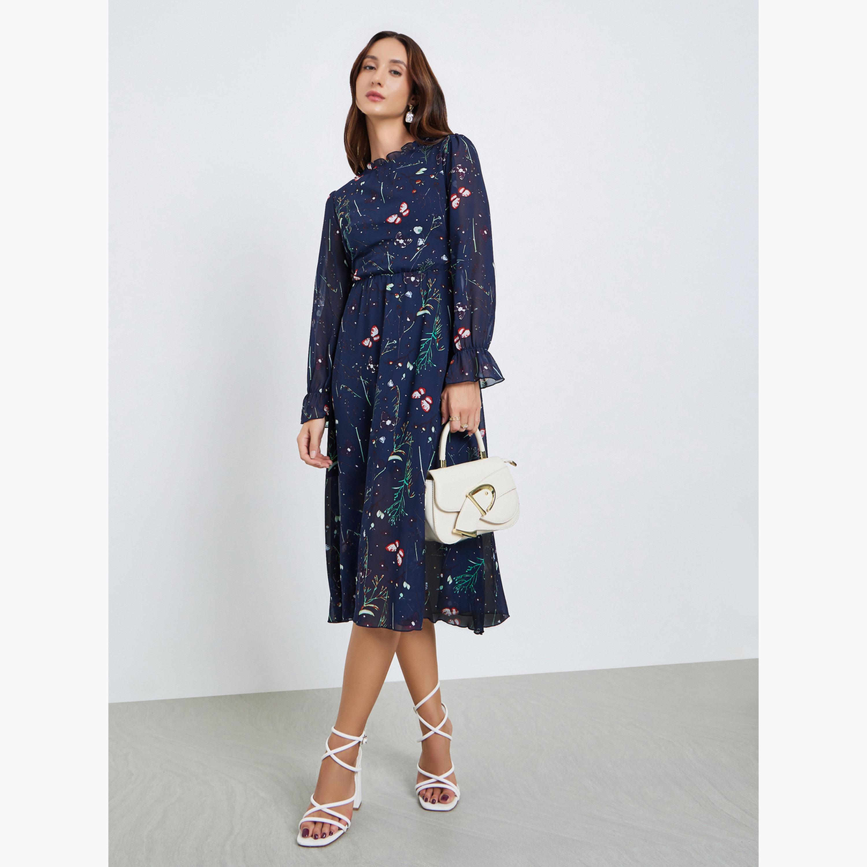 Take Two Women Floral Printed Round Neck Elastic Cuff Midi Dress-women-clothing-dresses-image-1