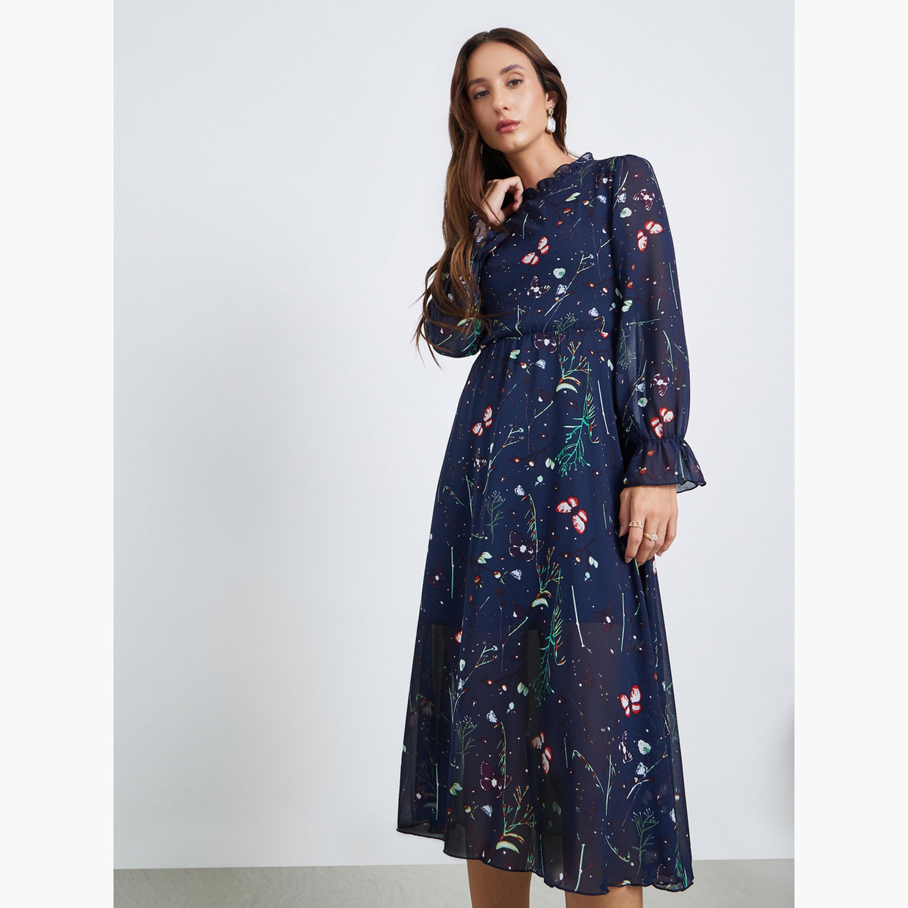 Take Two Women Floral Printed Round Neck Elastic Cuff Midi Dress-women-clothing-dresses-image-2