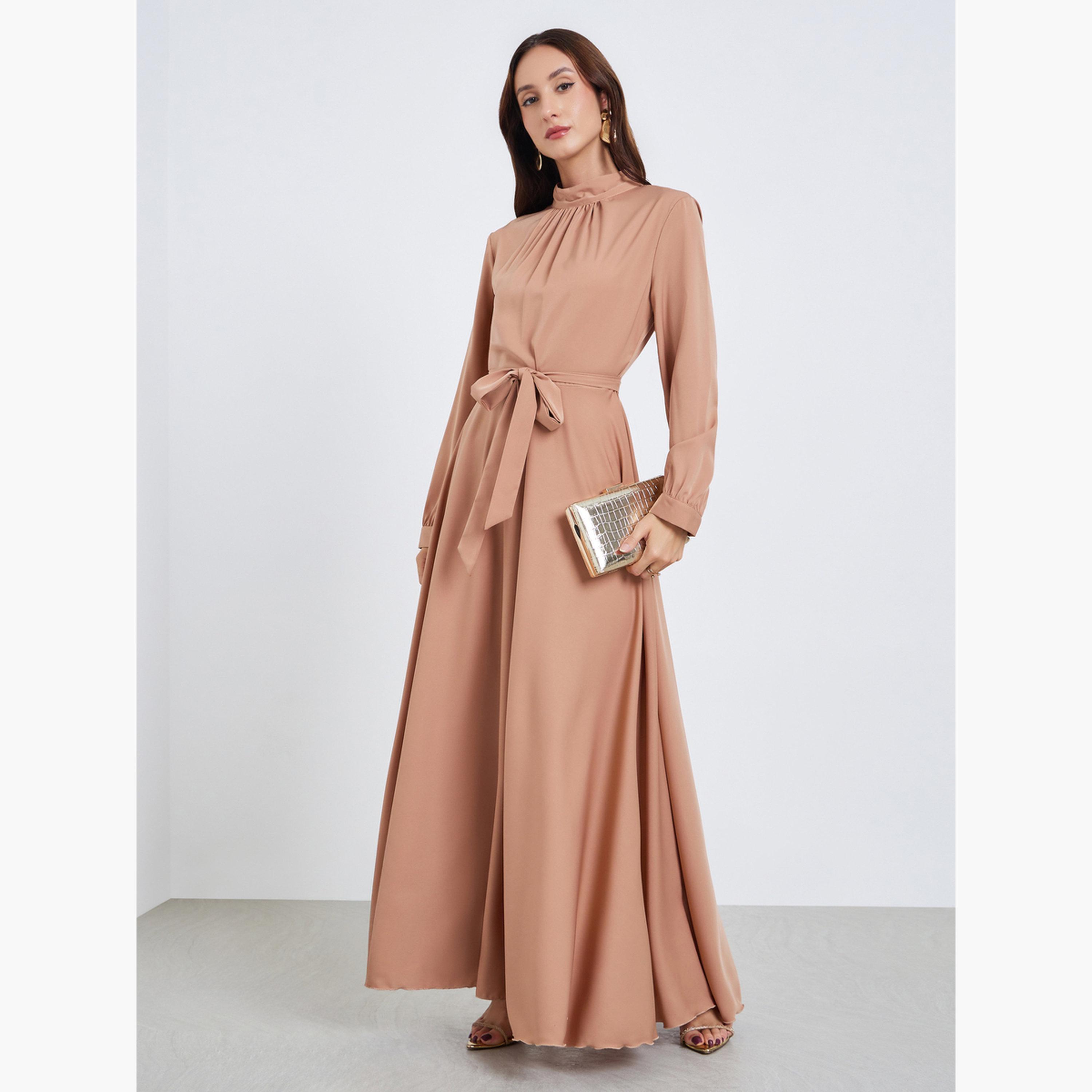 فستان طويل بتفاصيل طيات ورباط خصر-women-clothing-dresses-image-1