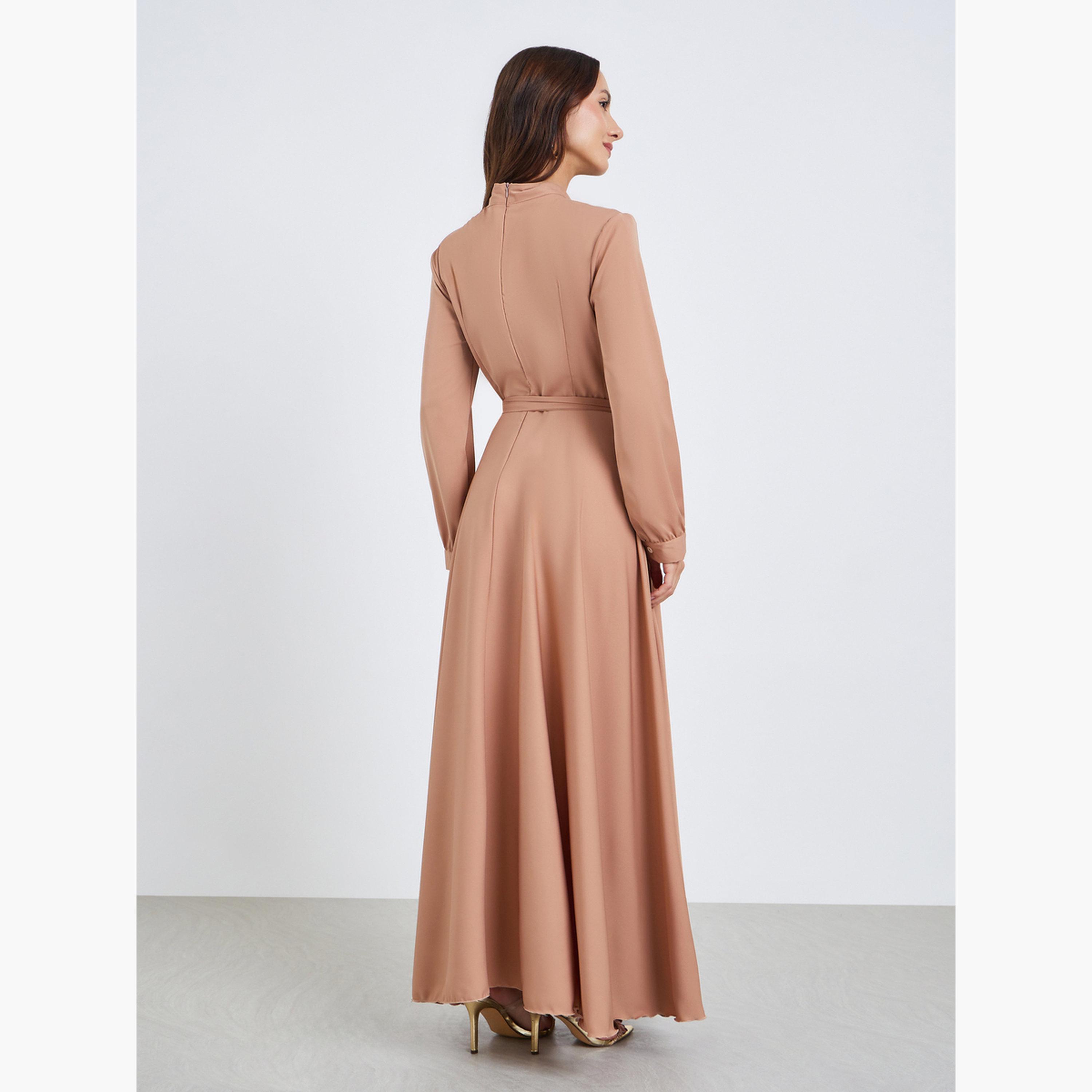 فستان طويل بتفاصيل طيات ورباط خصر-women-clothing-dresses-image-4