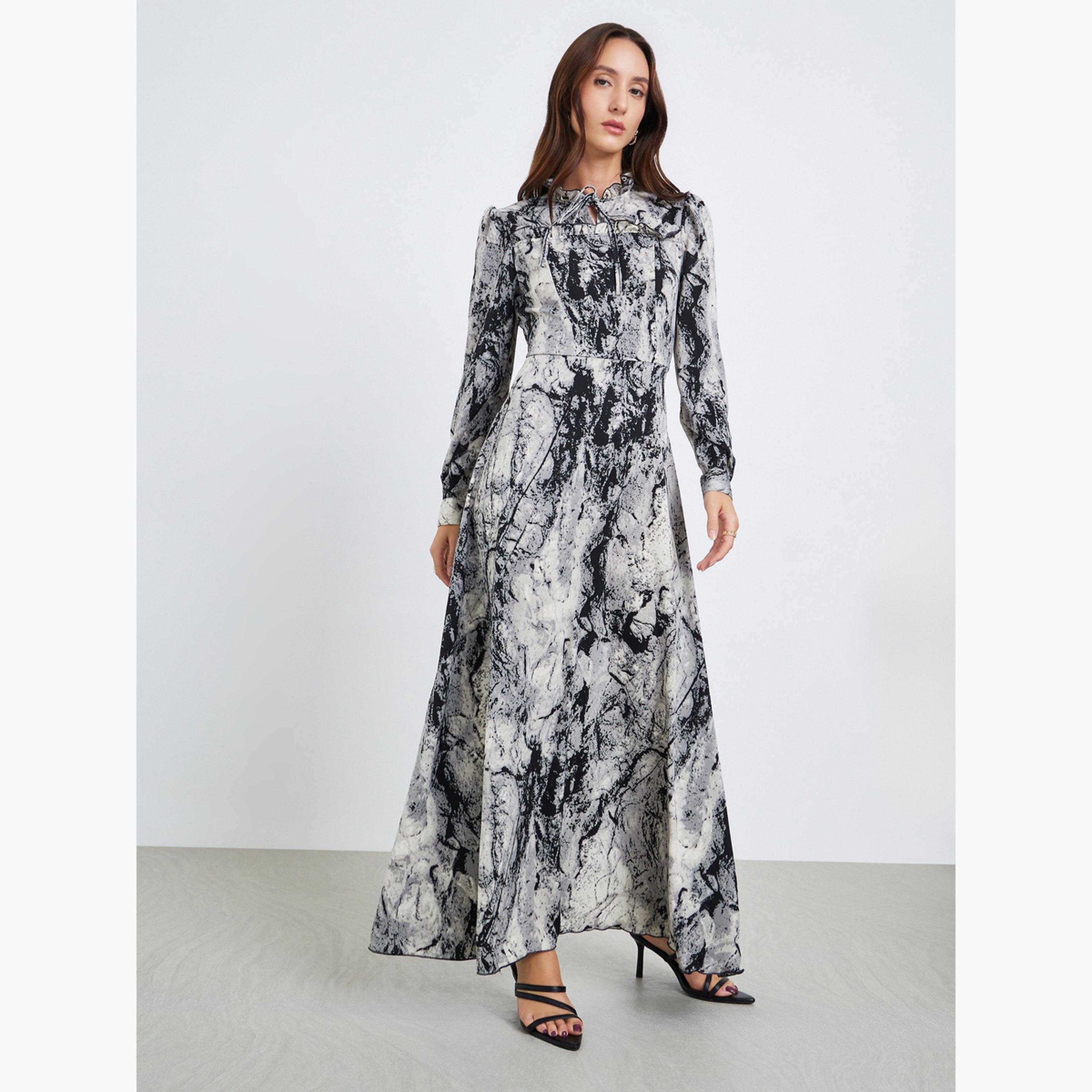 فستان طويل بأكمام طويلة ورباط ياقة وطبعة-women-clothing-dresses-image-1