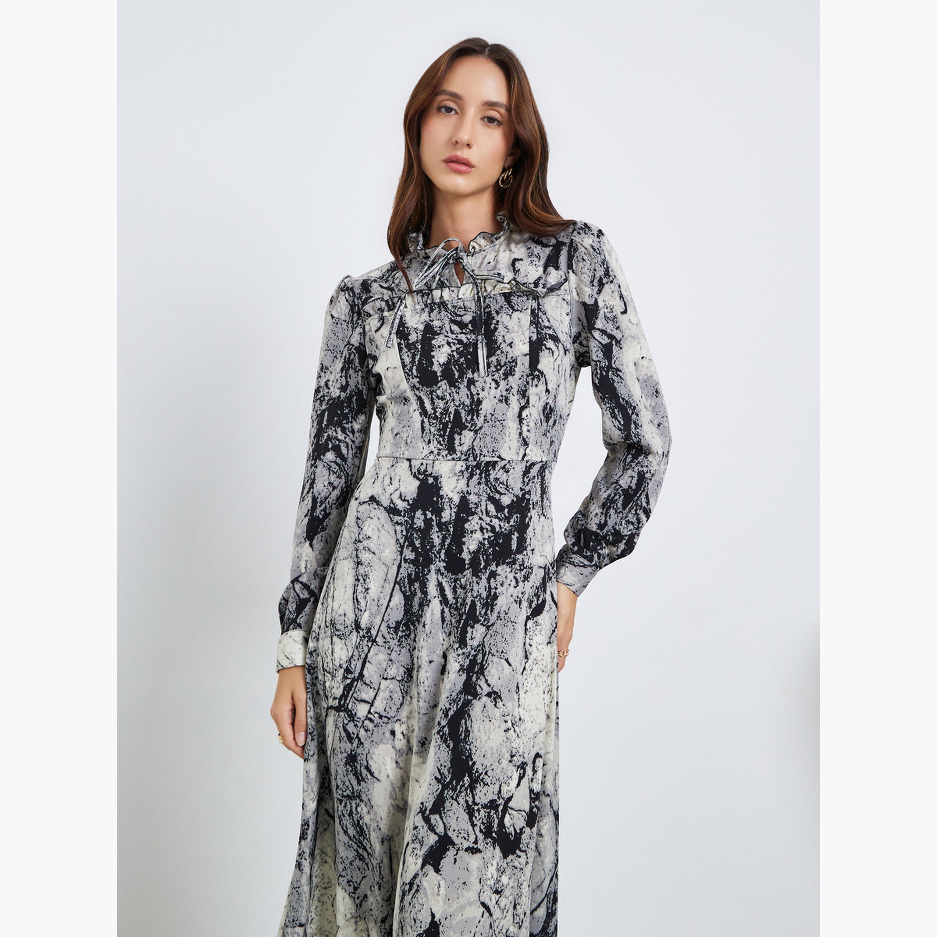 فستان طويل بأكمام طويلة ورباط ياقة وطبعة-women-clothing-dresses-image-2