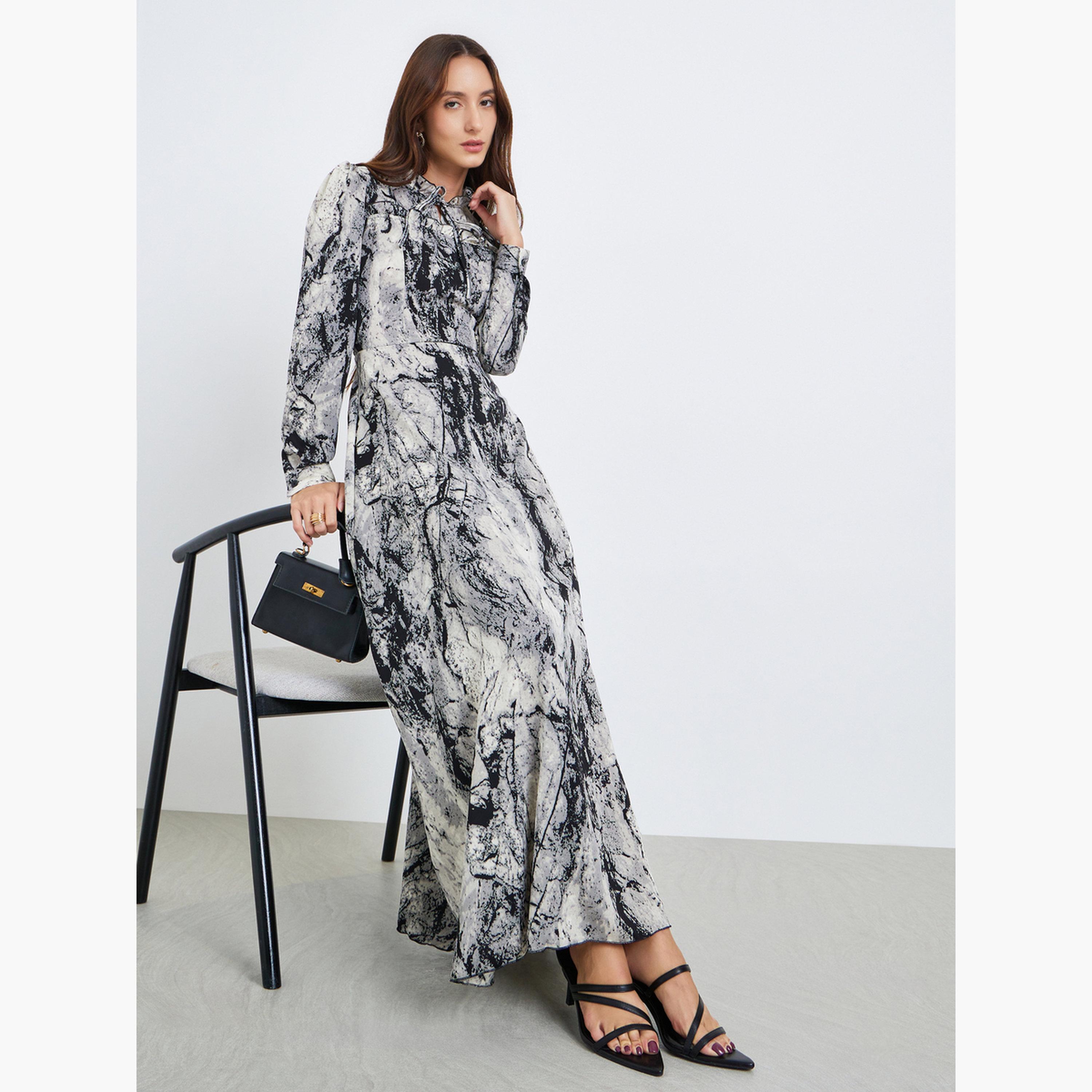 فستان طويل بأكمام طويلة ورباط ياقة وطبعة-women-clothing-dresses-image-3