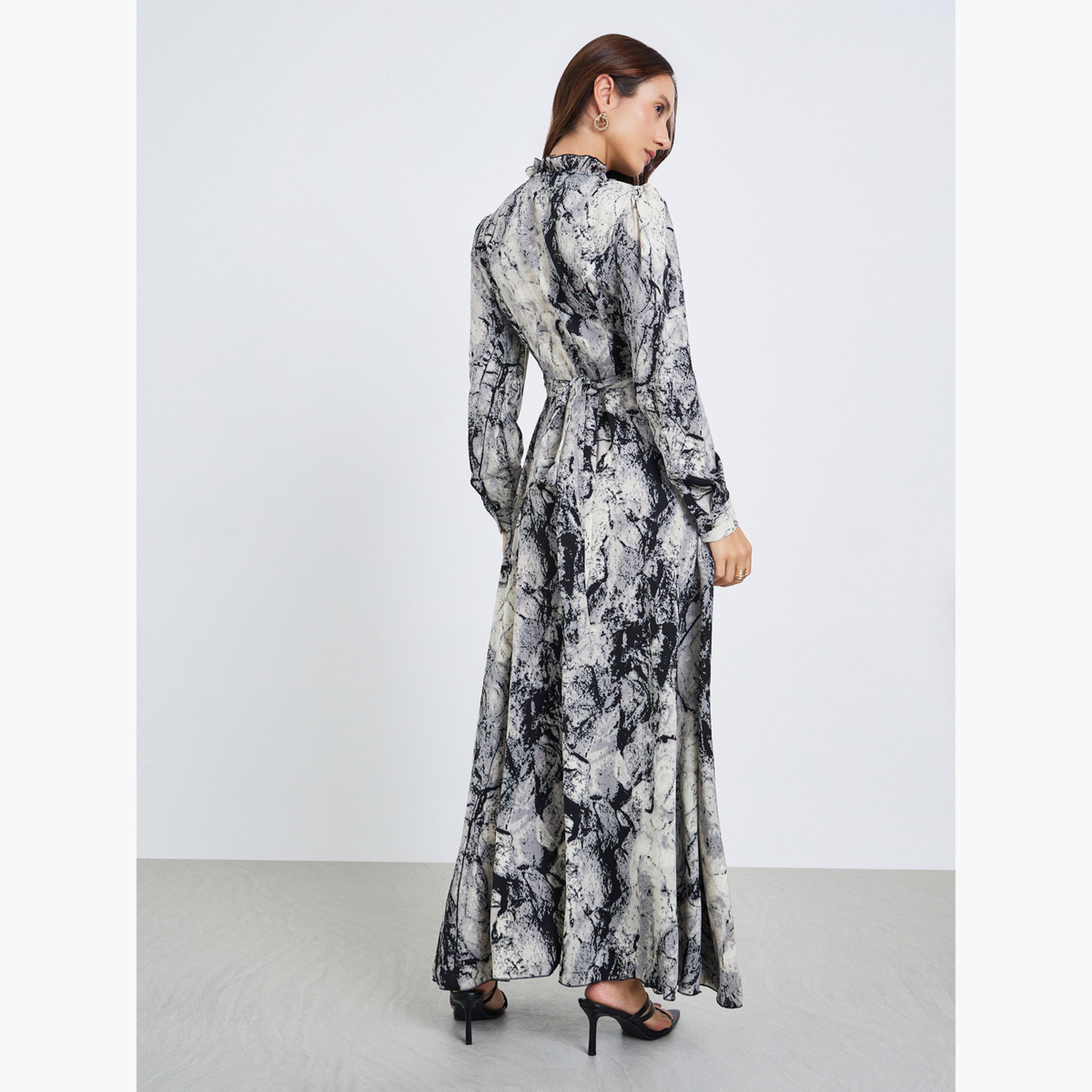 فستان طويل بأكمام طويلة ورباط ياقة وطبعة-women-clothing-dresses-image-4