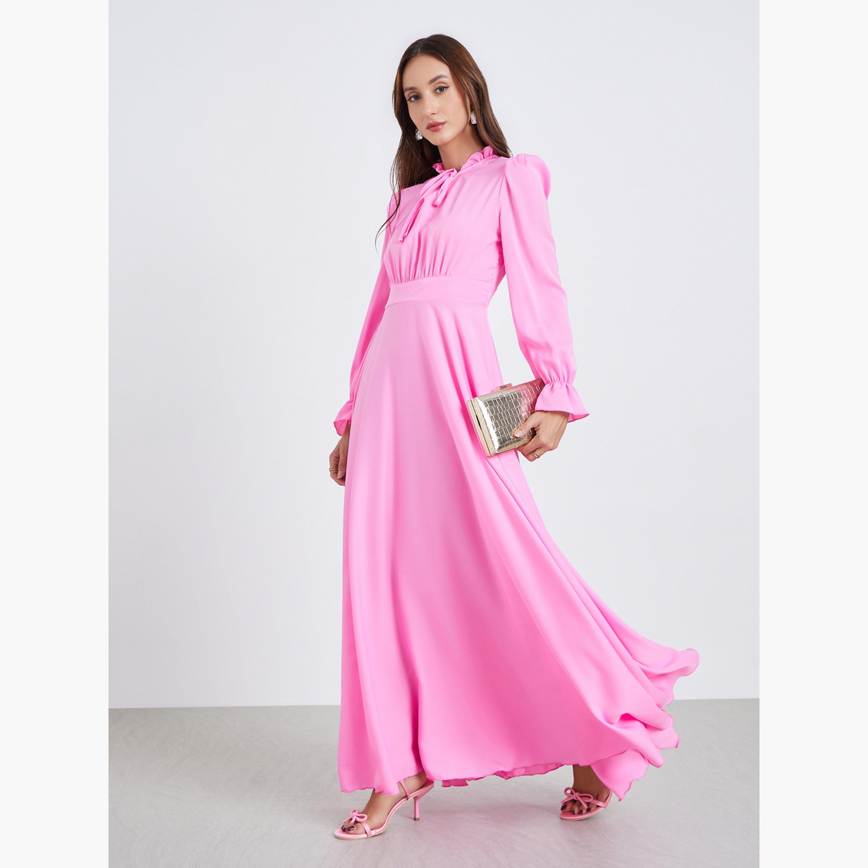 Take Two Women Pink Tie-up Neck Pleated Maxi Dress-women-clothing-dresses-image-1