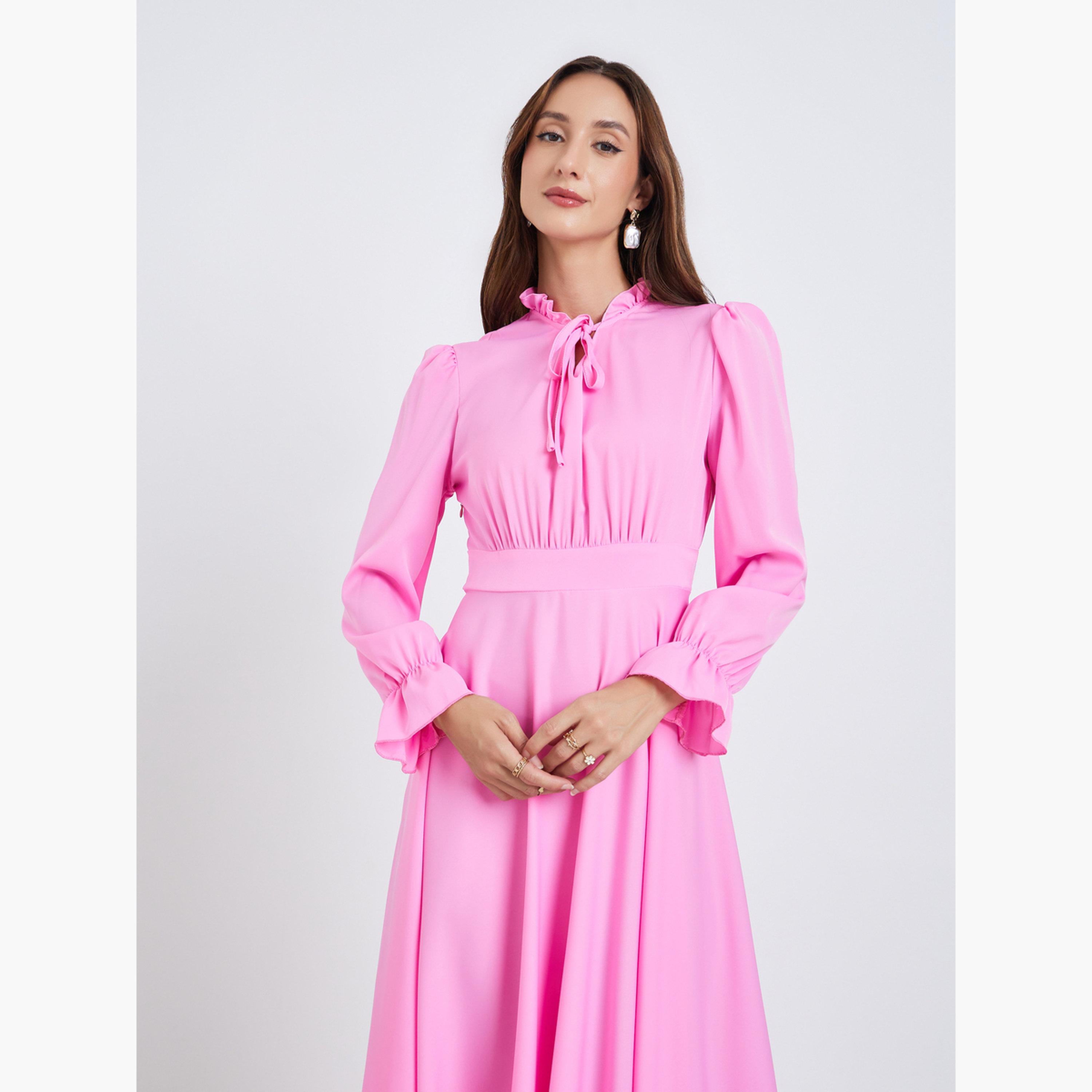 فستان طويل بكسرات ورباط ياقة-women-clothing-dresses-image-2