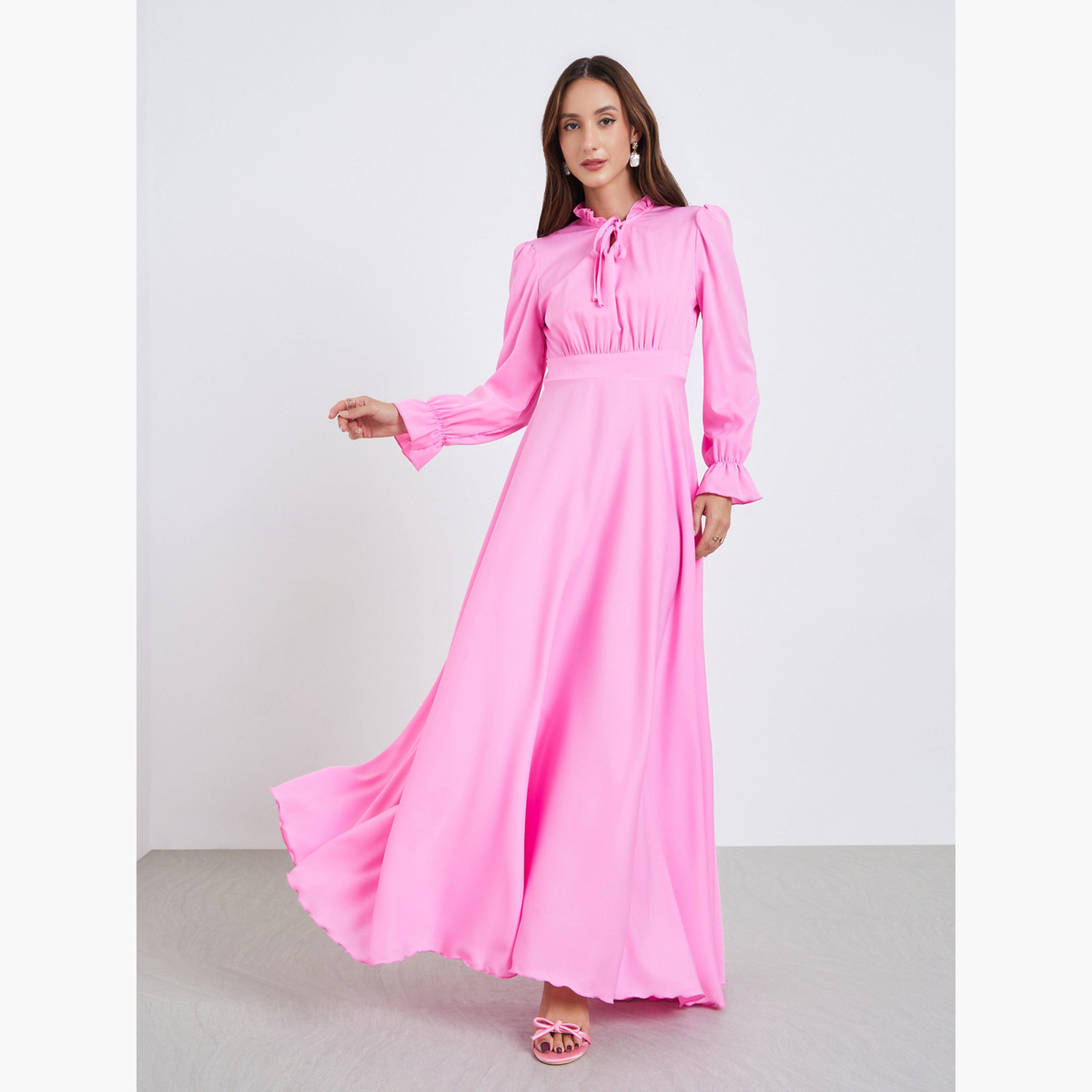 فستان طويل بكسرات ورباط ياقة-women-clothing-dresses-image-3