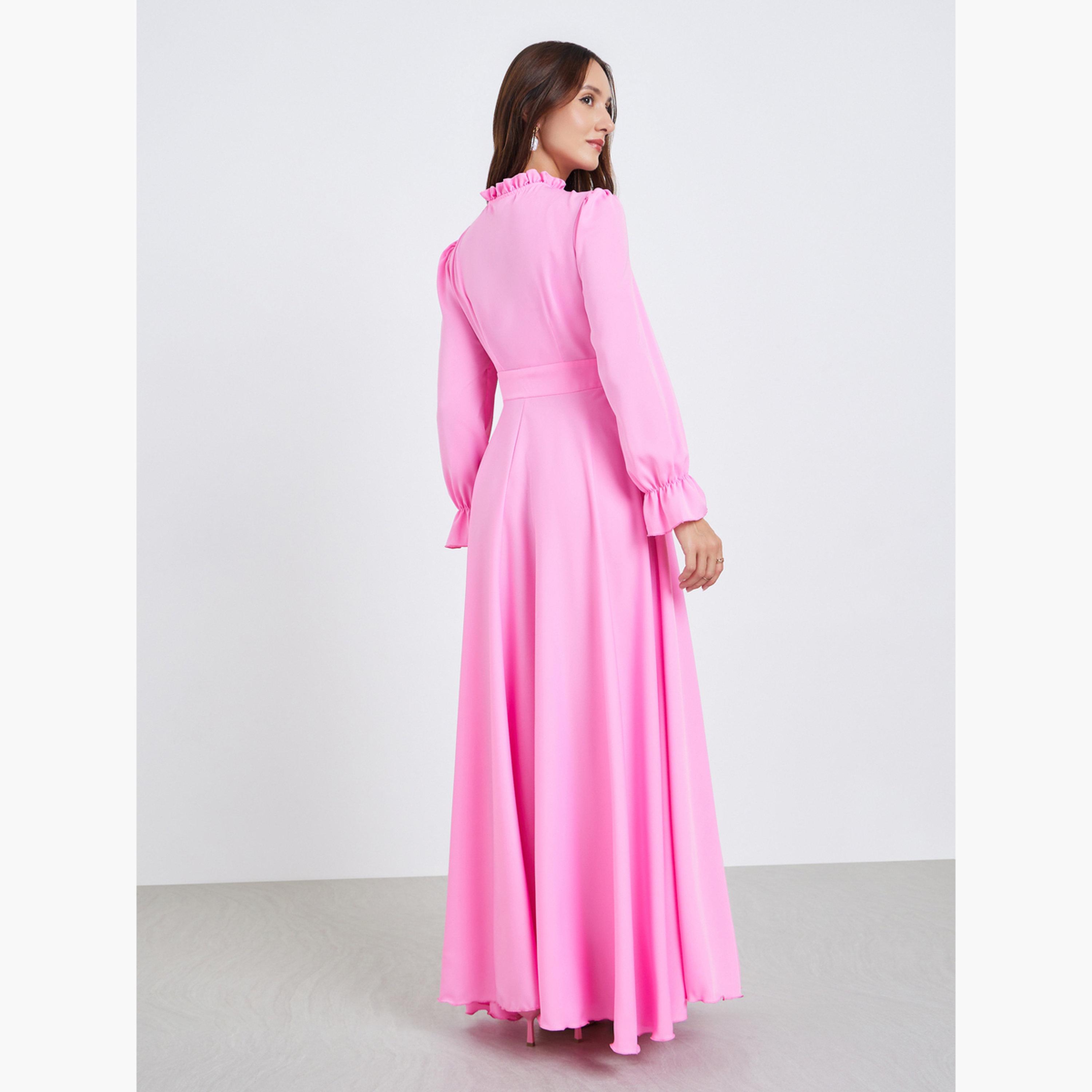 Take Two Women Pink Tie-up Neck Pleated Maxi Dress-women-clothing-dresses-image-4