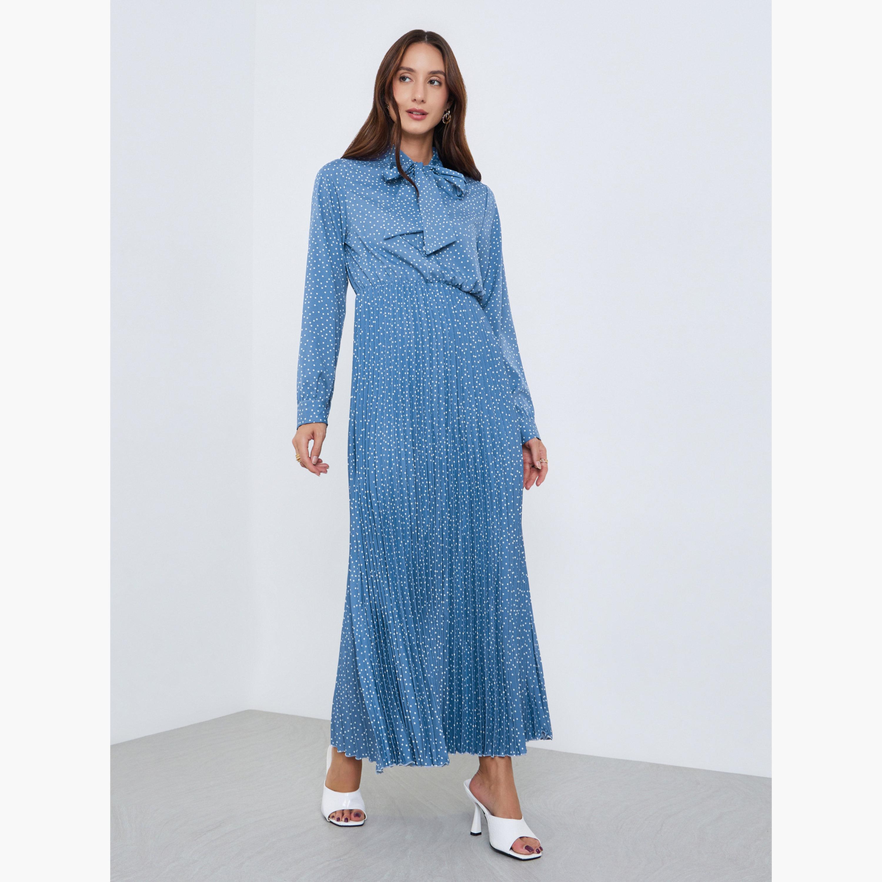 Take Two Women Blue Polka Dots Printed Pleated Maxi Dress-women-clothing-dresses-image-1