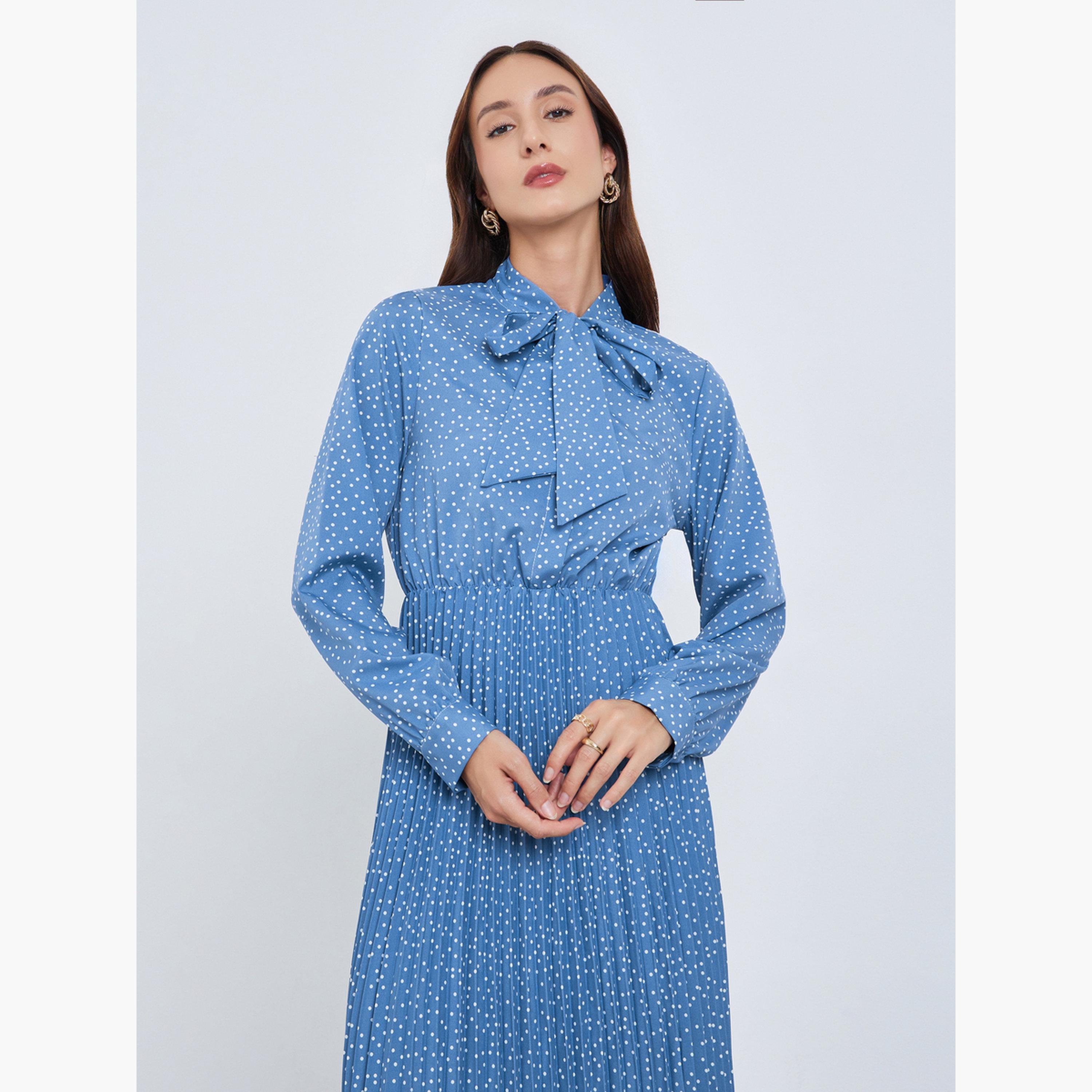 فستان طويل بكسرات وطبعة بولكا-women-clothing-dresses-image-2