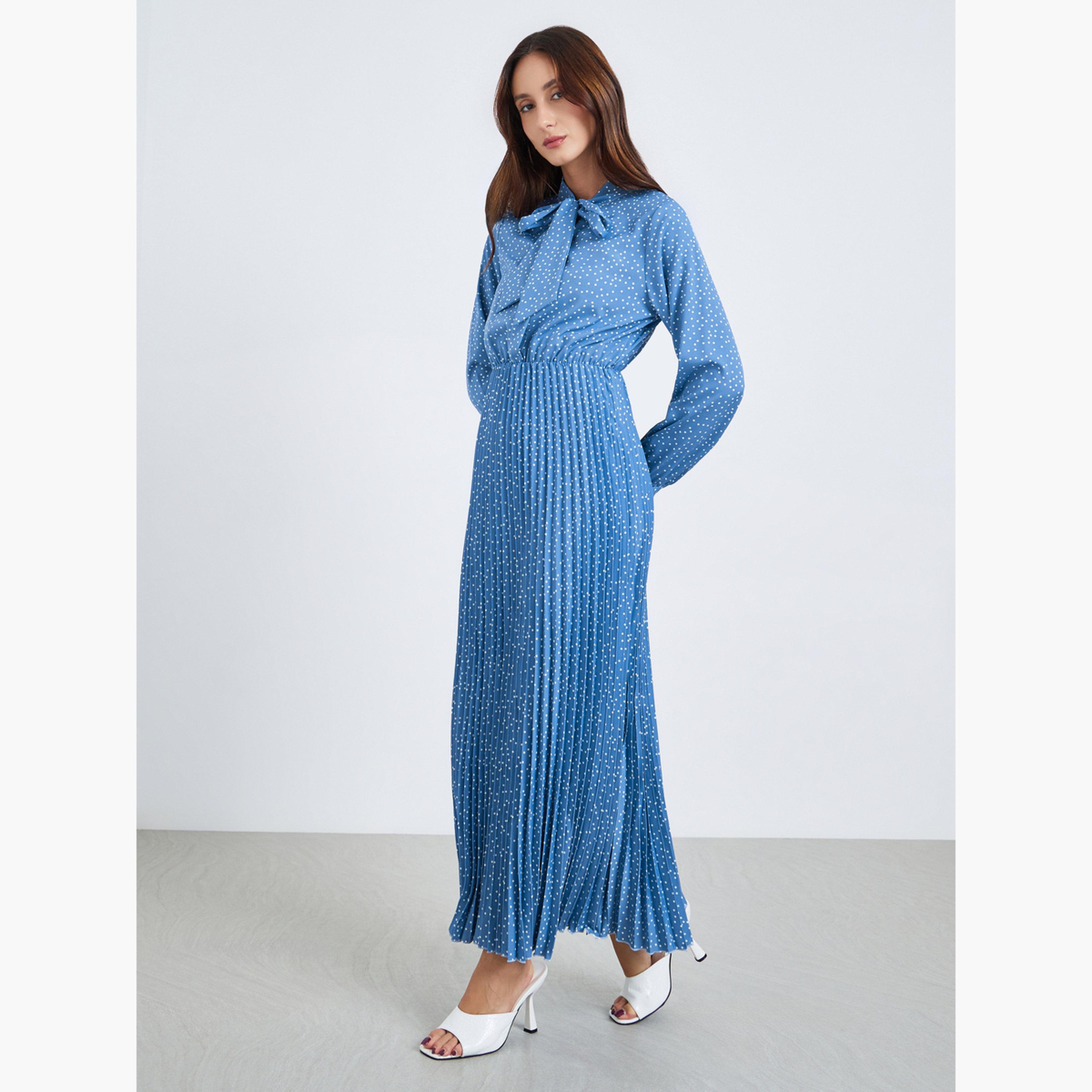 فستان طويل بكسرات وطبعة بولكا-women-clothing-dresses-image-3