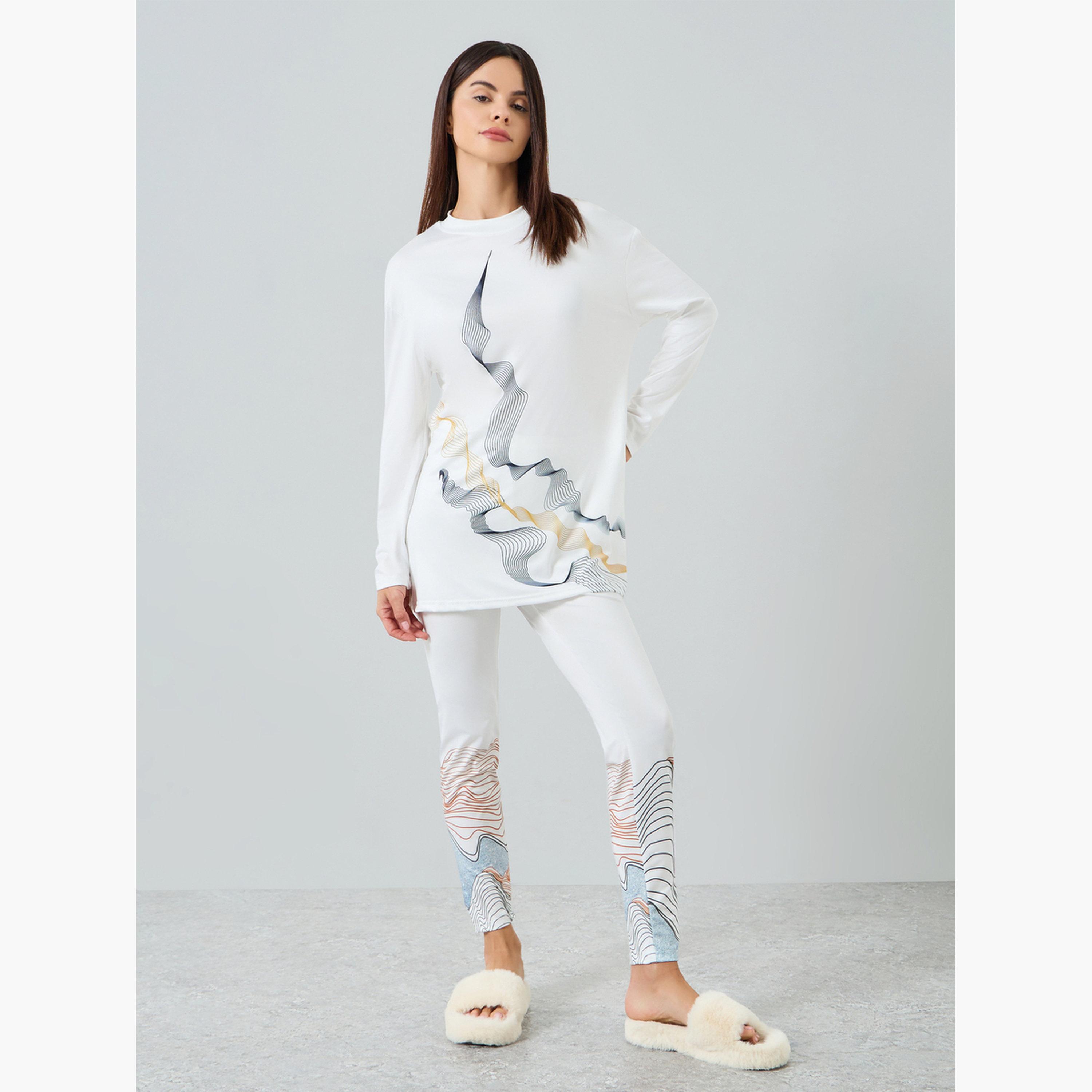Take Two Women's GEO Printed Round Neck Long Sleeve Split Hem Top and Pants Set-women-clothing-nightwear-pyjamas-longsets-image-1