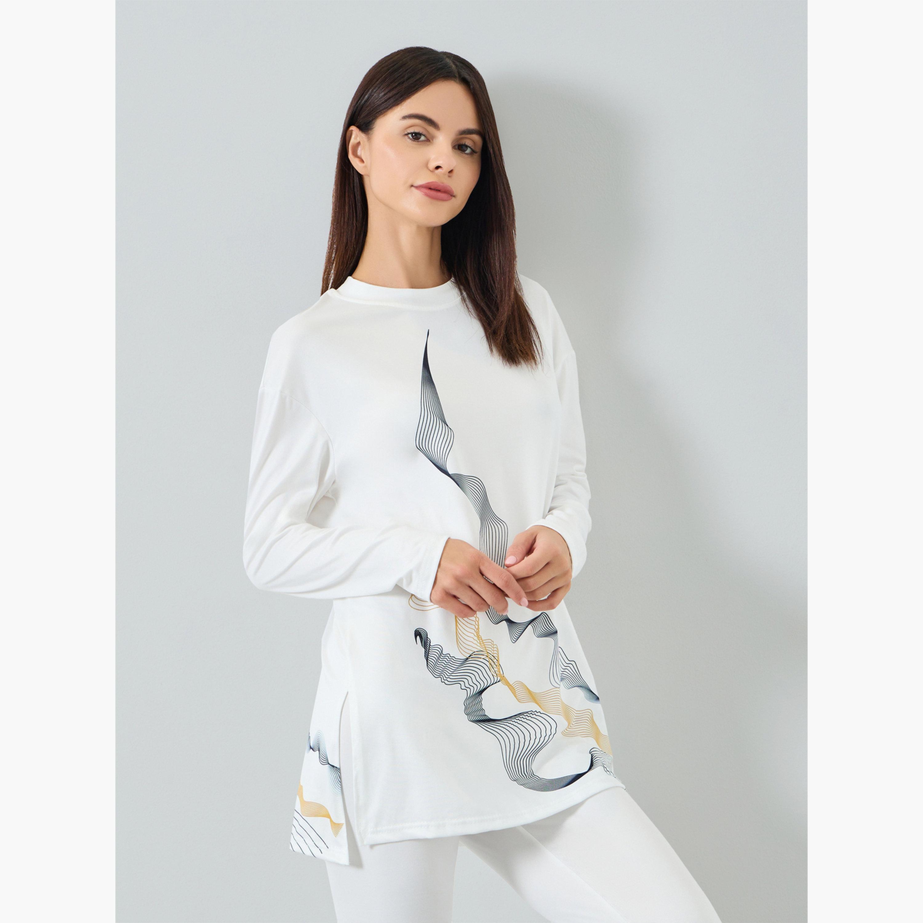 Take Two Women's GEO Printed Round Neck Long Sleeve Split Hem Top and Pants Set-women-clothing-nightwear-pyjamas-longsets-image-2