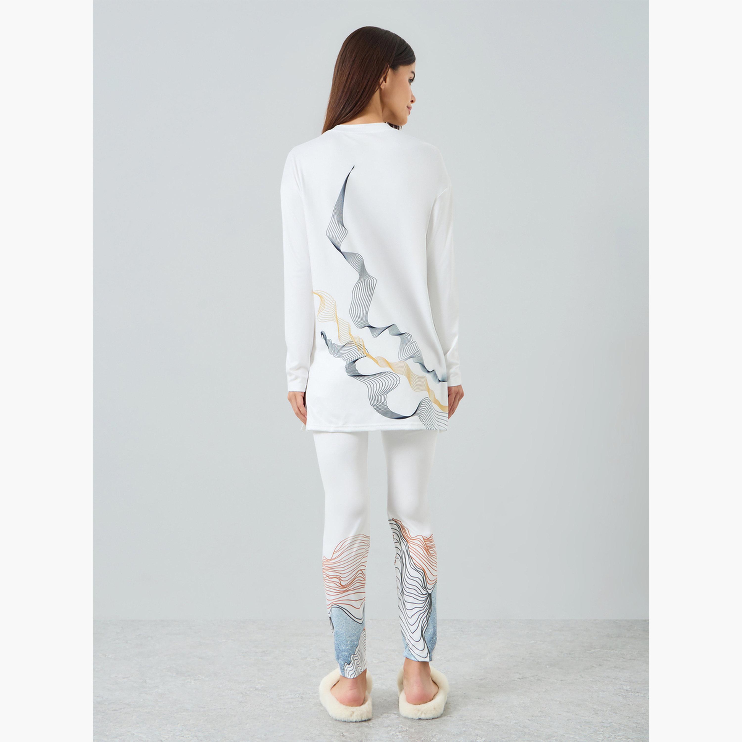 Take Two Women's GEO Printed Round Neck Long Sleeve Split Hem Top and Pants Set-women-clothing-nightwear-pyjamas-longsets-image-3