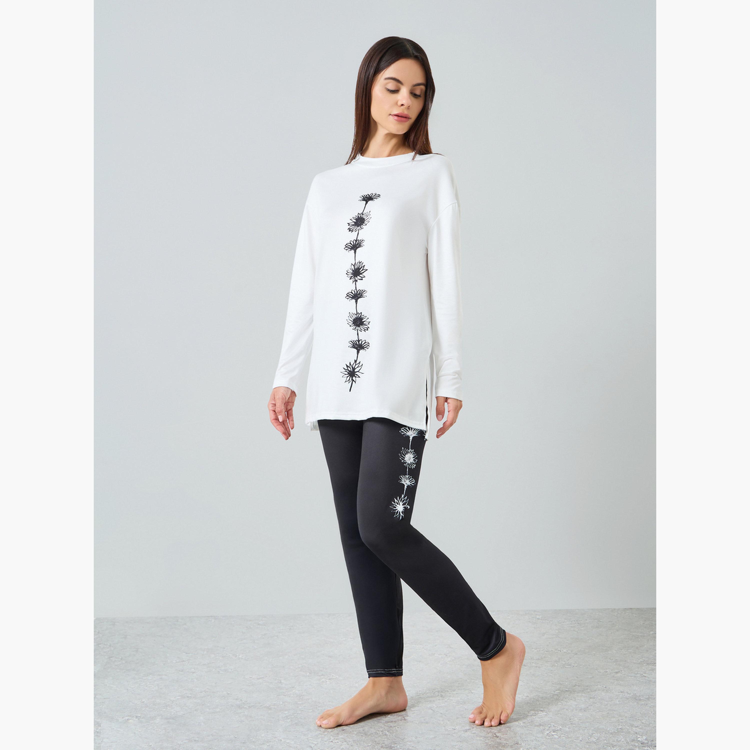 Take Two Women's Floral Printed Round Neck Long Sleeve Split Hem Top and Pants Set-women-clothing-nightwear-pyjamas-longsets-image-1