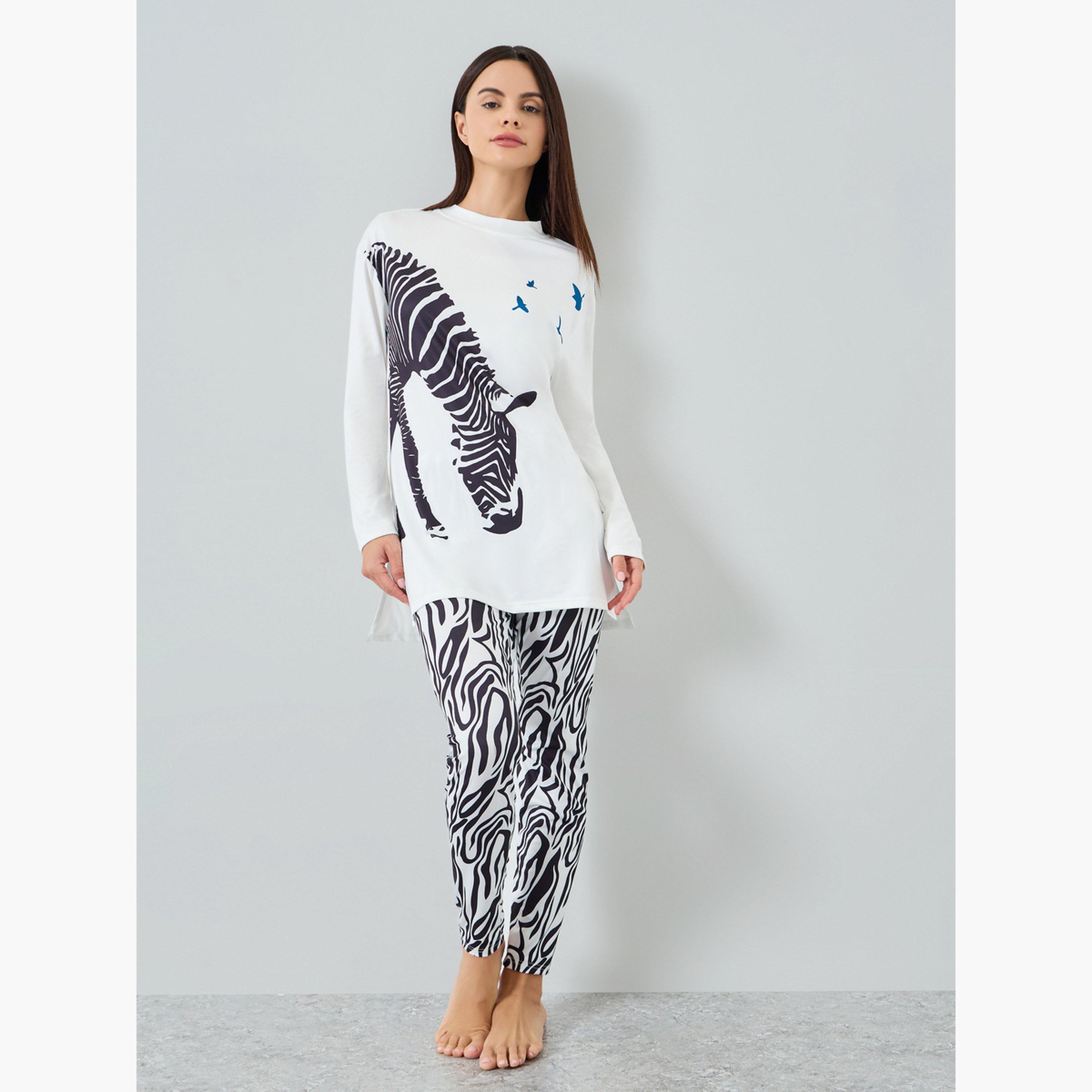 Take Two Women's Zebra Graphic Printed Round Neck Long Sleeve Split Hem Top and Zebra Stripes Printed Pants Set-women-clothing-nightwear-pyjamas-longsets-image-1