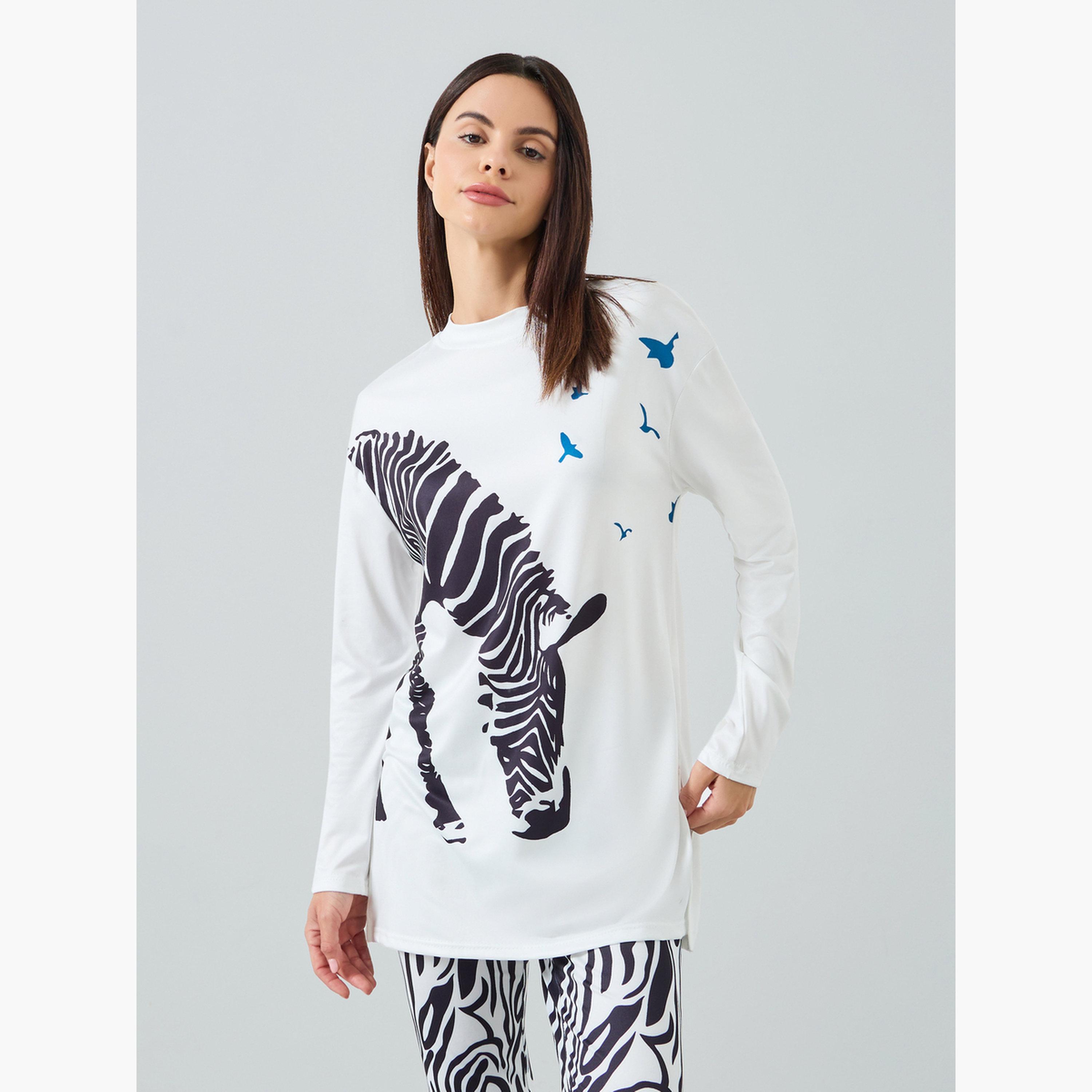 Take Two Women's Zebra Graphic Printed Round Neck Long Sleeve Split Hem Top and Zebra Stripes Printed Pants Set-women-clothing-nightwear-pyjamas-longsets-image-2