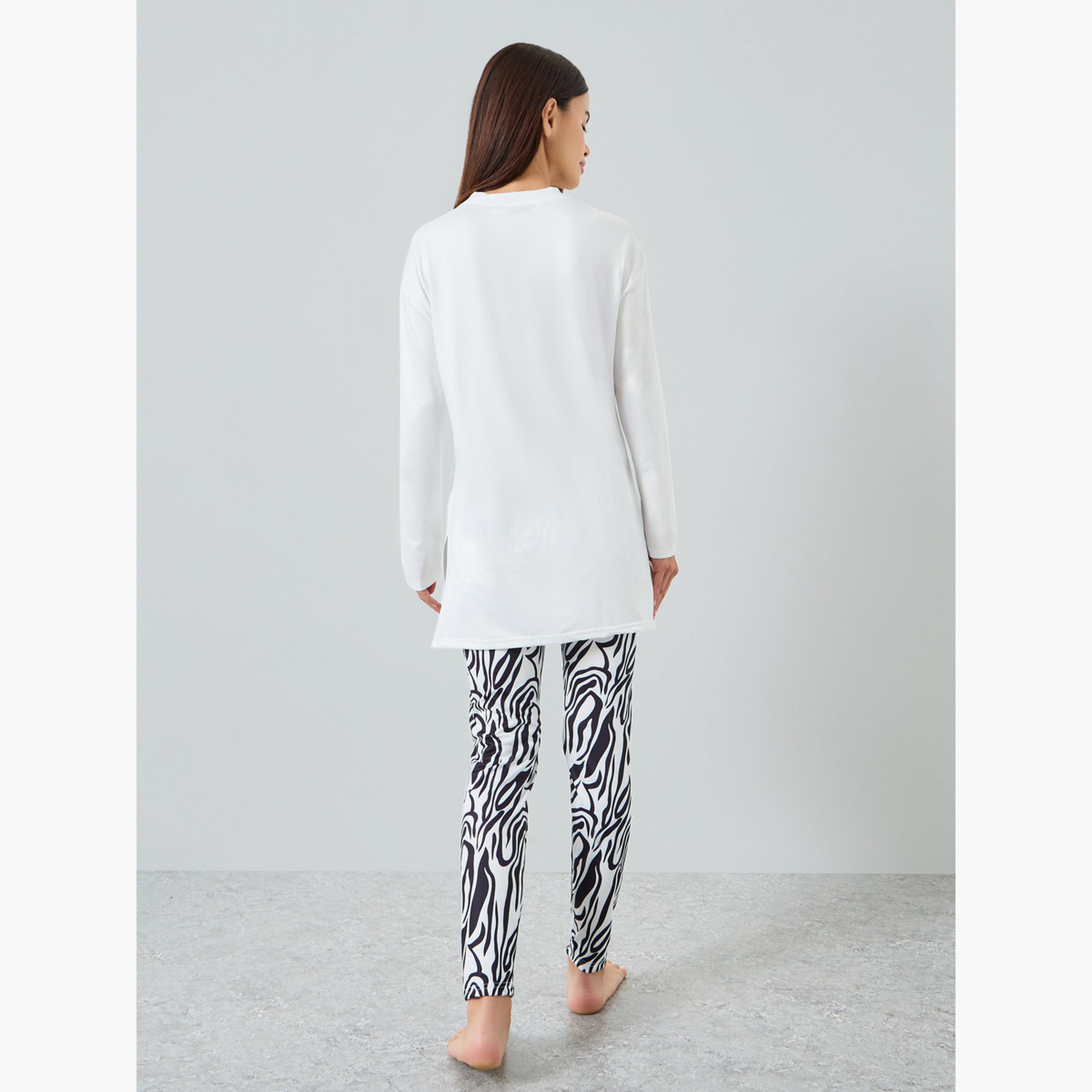 Take Two Women's Zebra Graphic Printed Round Neck Long Sleeve Split Hem Top and Zebra Stripes Printed Pants Set-women-clothing-nightwear-pyjamas-longsets-image-3