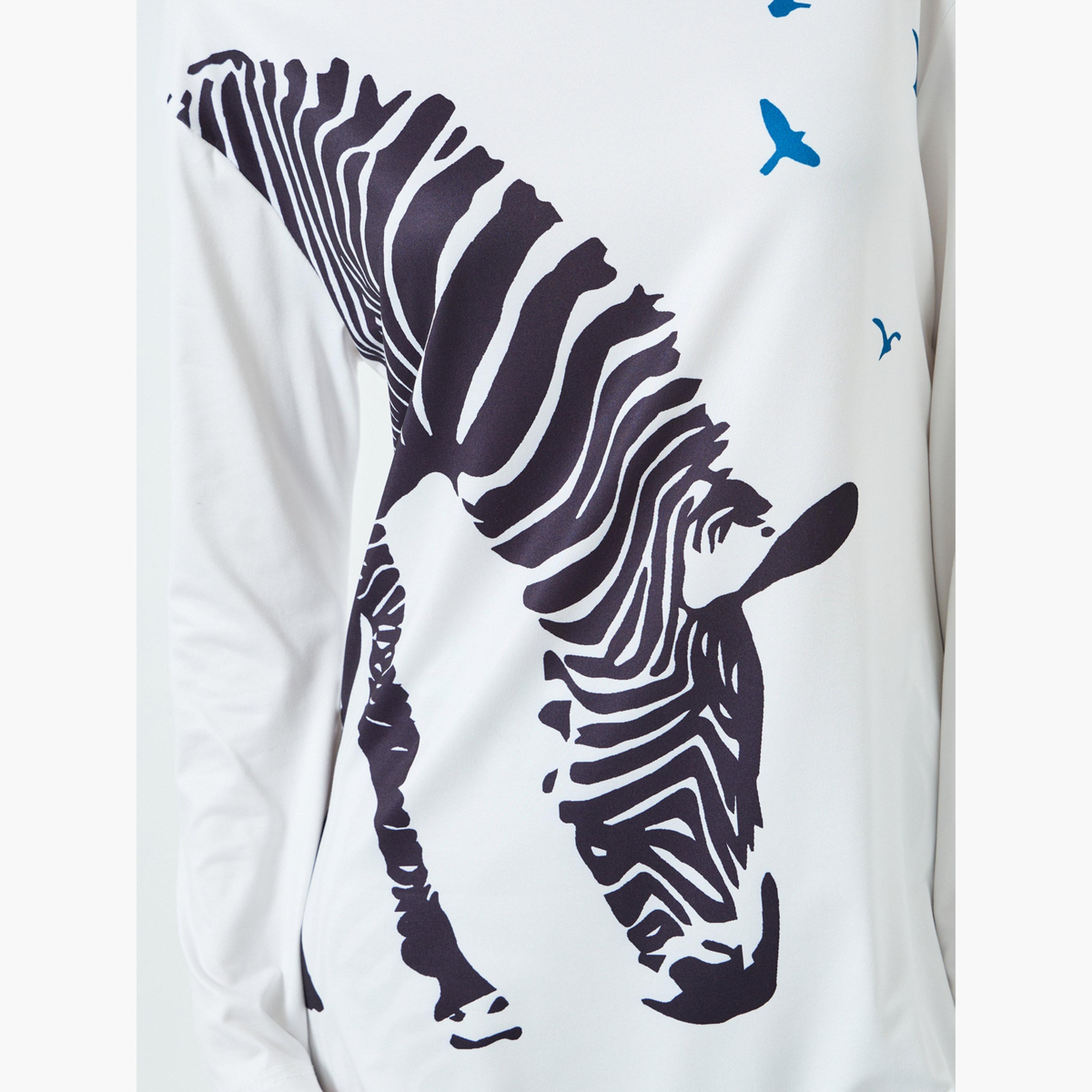 Take Two Women's Zebra Graphic Printed Round Neck Long Sleeve Split Hem Top and Zebra Stripes Printed Pants Set-women-clothing-nightwear-pyjamas-longsets-image-5