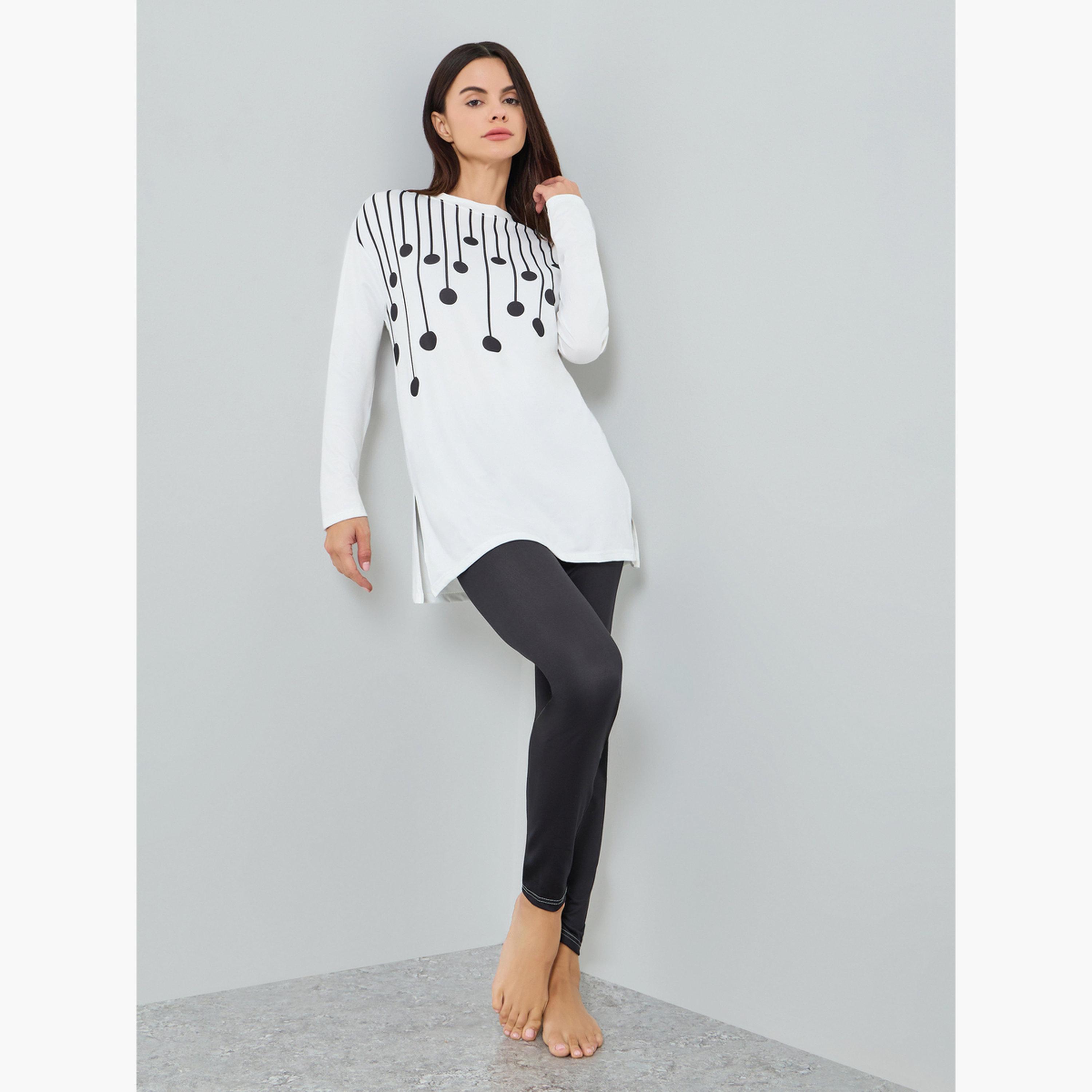 Take Two Women's Graphic Printed Round Neck Long Sleeve Split Hem Top and Solid Pants Set-women-clothing-nightwear-pyjamas-longsets-image-1