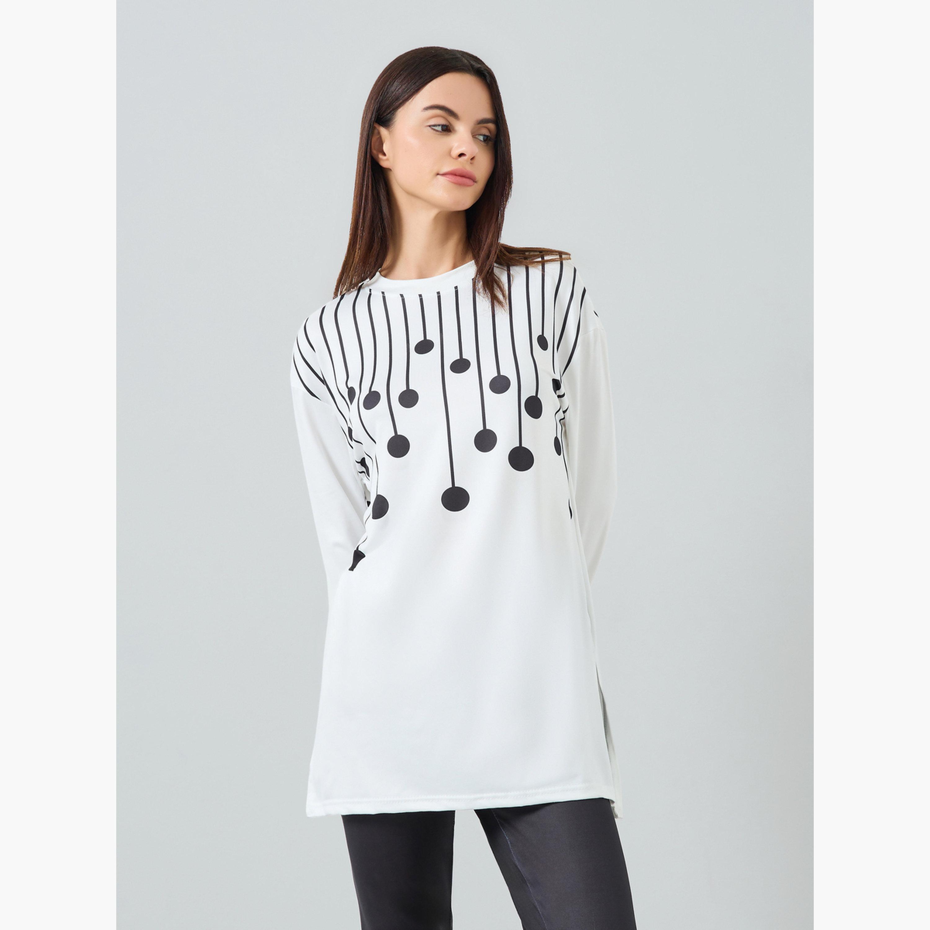 Take Two Women's Graphic Printed Round Neck Long Sleeve Split Hem Top and Solid Pants Set-women-clothing-nightwear-pyjamas-longsets-image-2