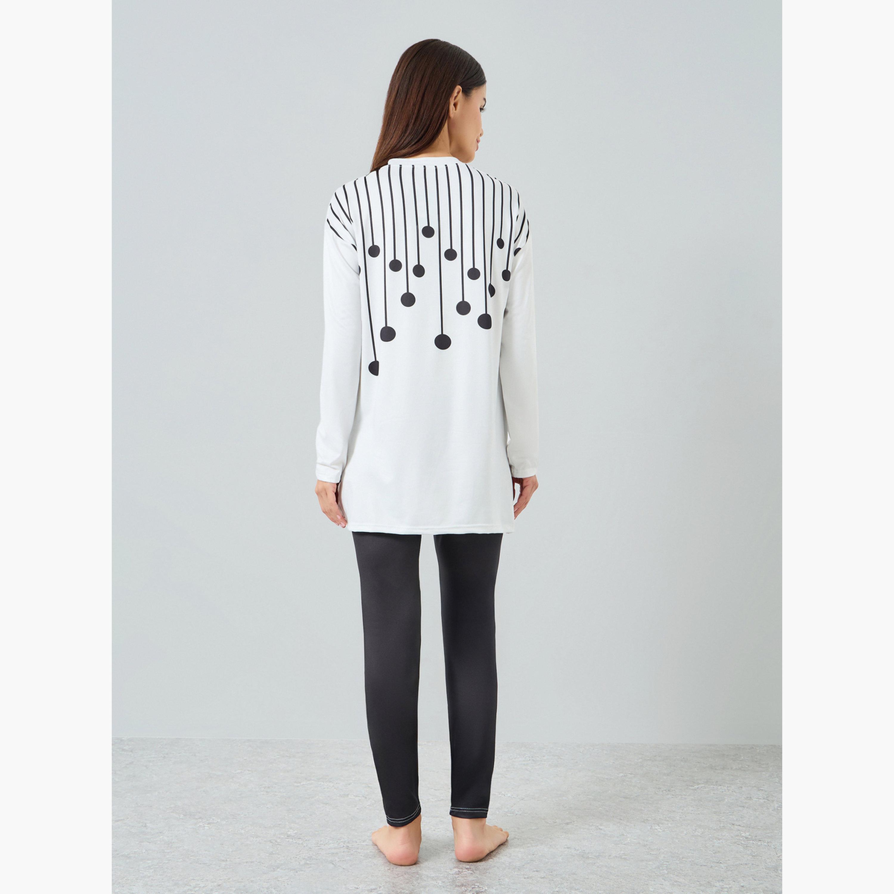 Take Two Women's Graphic Printed Round Neck Long Sleeve Split Hem Top and Solid Pants Set-women-clothing-nightwear-pyjamas-longsets-image-3