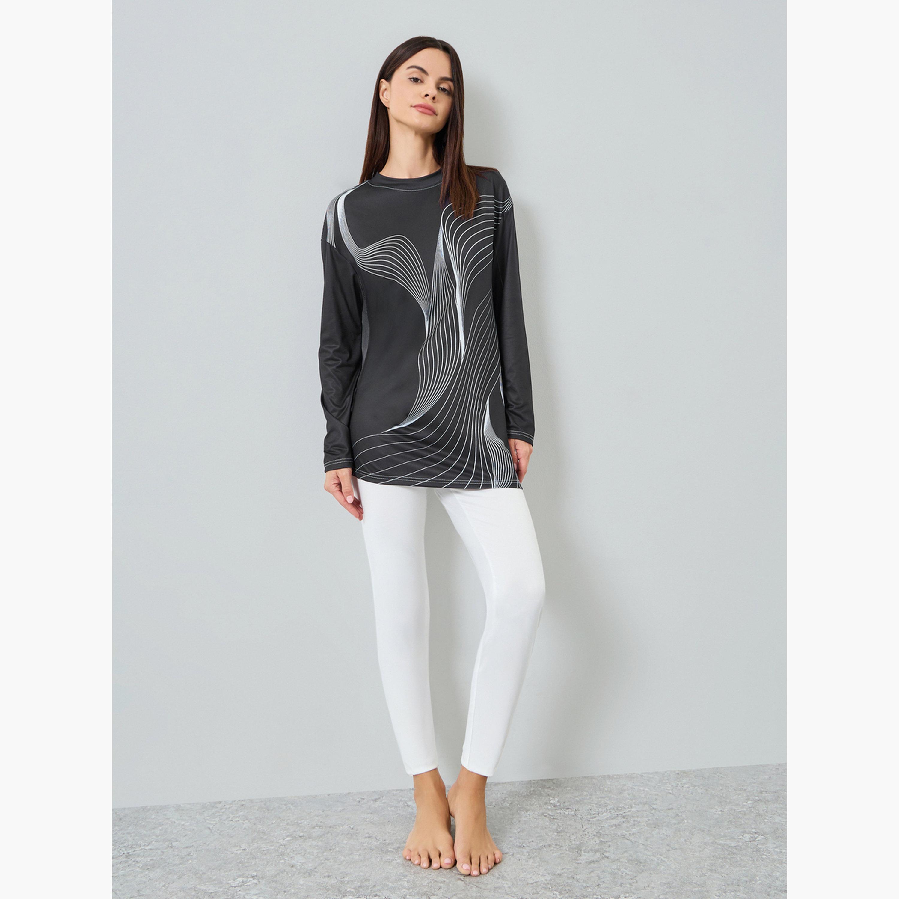 Take Two Women's GEO Printed Round Neck Long Sleeve Split Hem Top and Solid Pants Set-women-clothing-nightwear-pyjamas-longsets-image-1