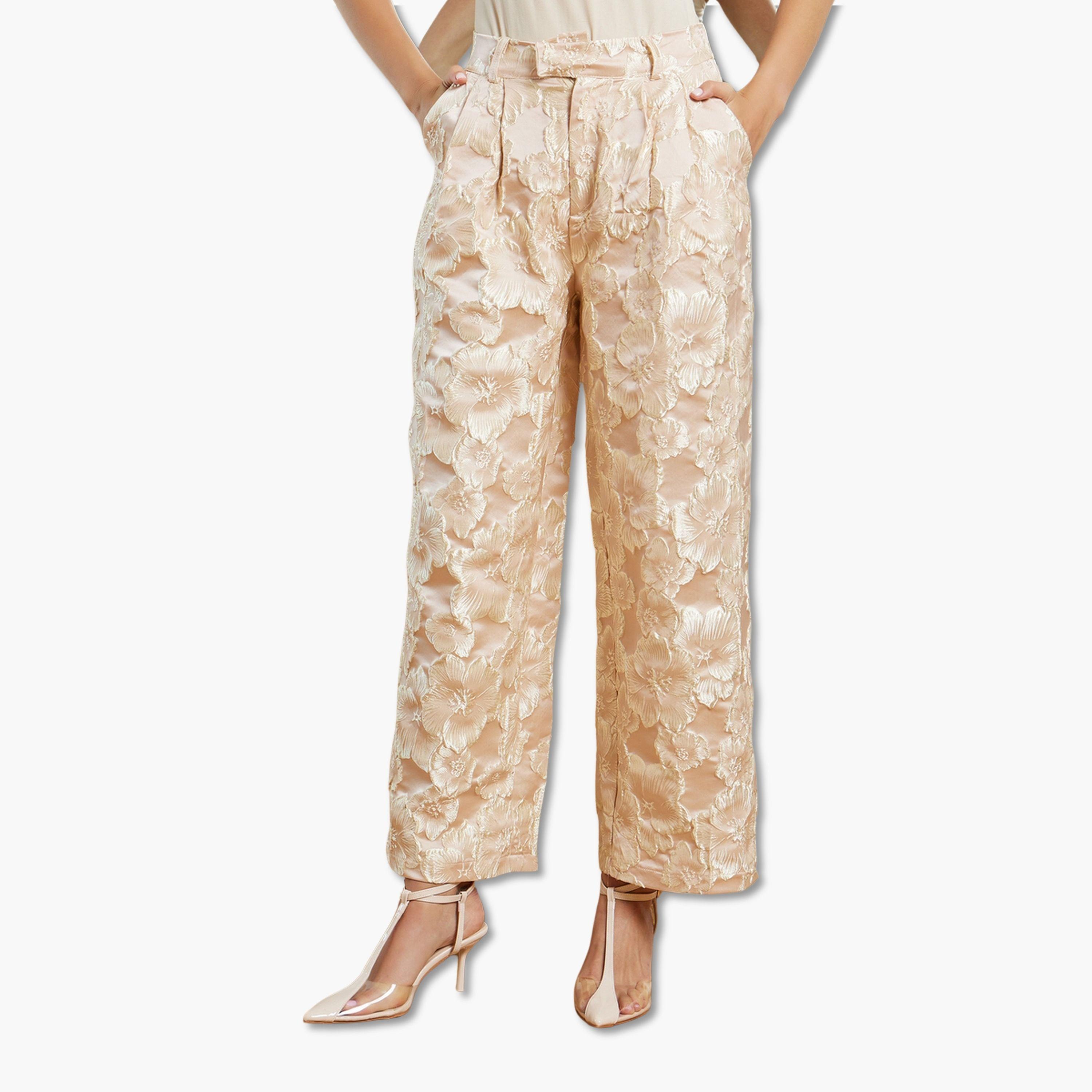 Styli Women Beige Jacquard Wide Leg Trousers-women-clothing-bottoms-trousers-image-1