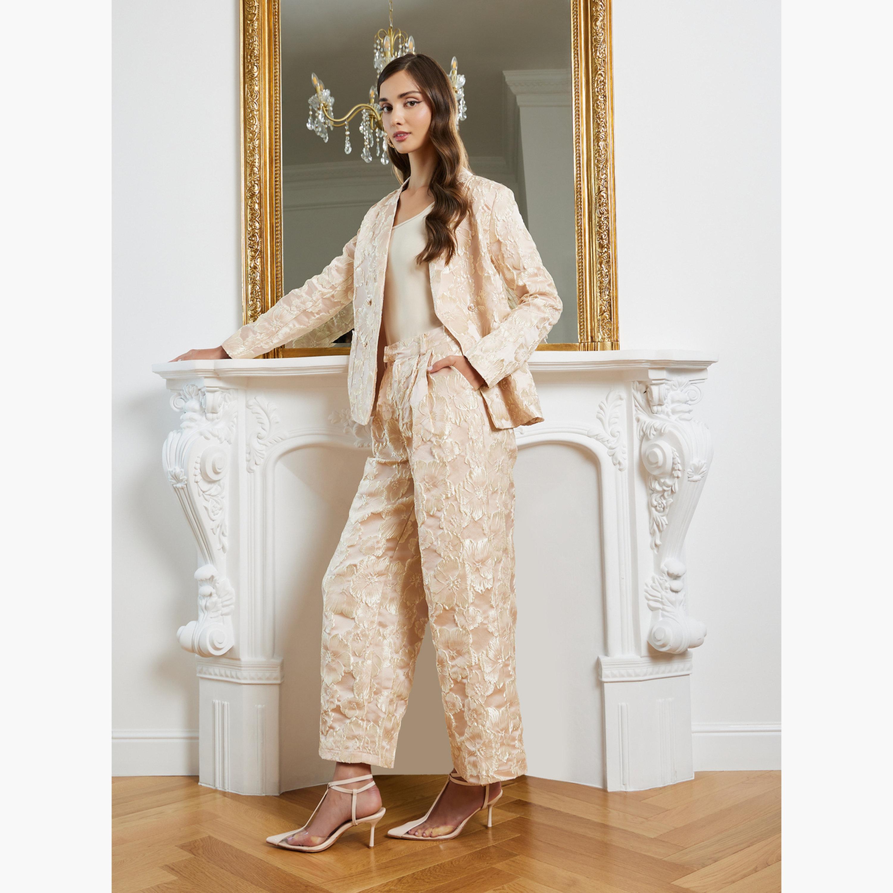 Styli Women Beige Jacquard Wide Leg Trousers-women-clothing-bottoms-trousers-image-2