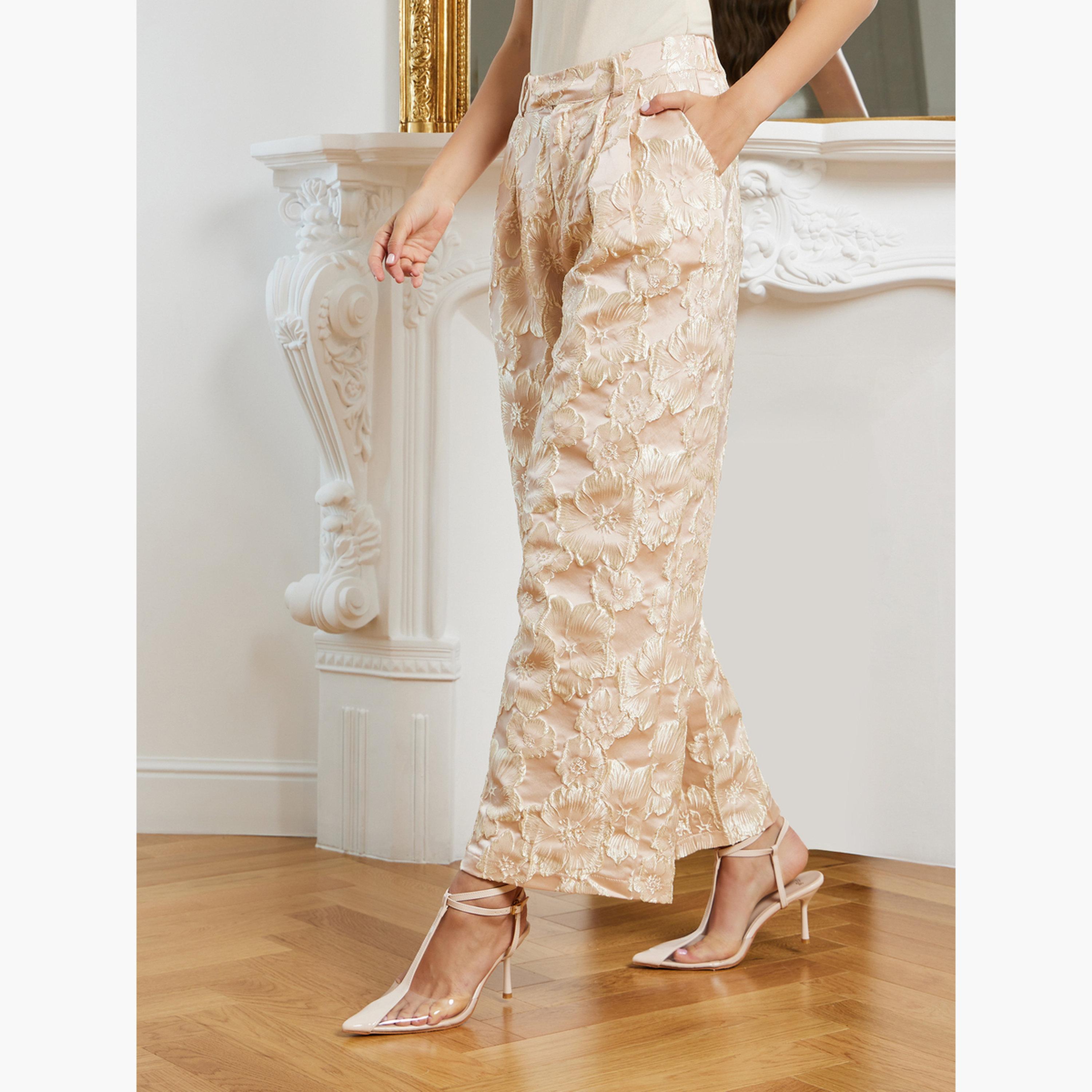 Styli Women Beige Jacquard Wide Leg Trousers-women-clothing-bottoms-trousers-image-3