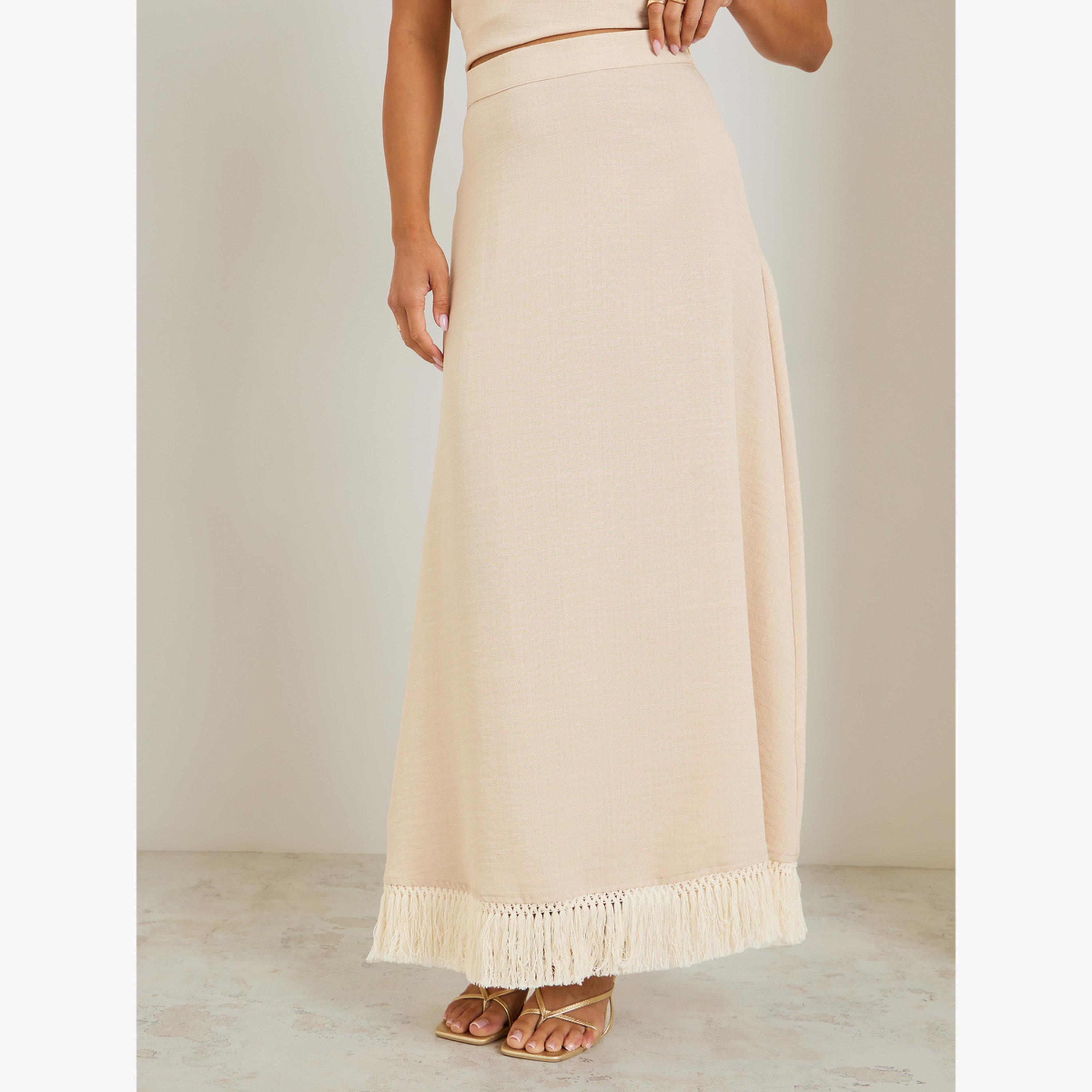 تنورة طويلة بحافة واسعة وتفاصيل شراشيب-women-clothing-bottoms-skirts-image-1
