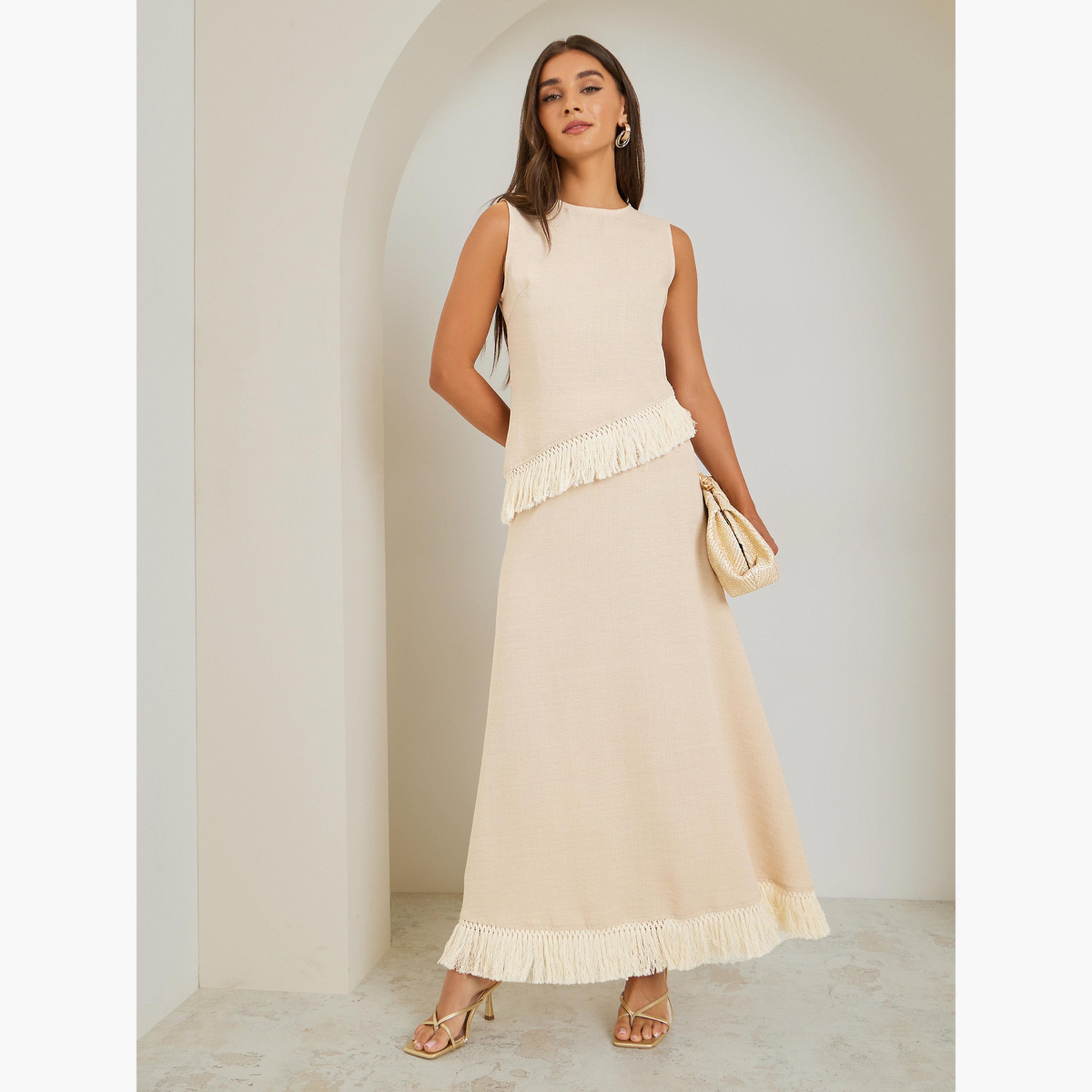 تنورة طويلة بحافة واسعة وتفاصيل شراشيب-women-clothing-bottoms-skirts-image-2