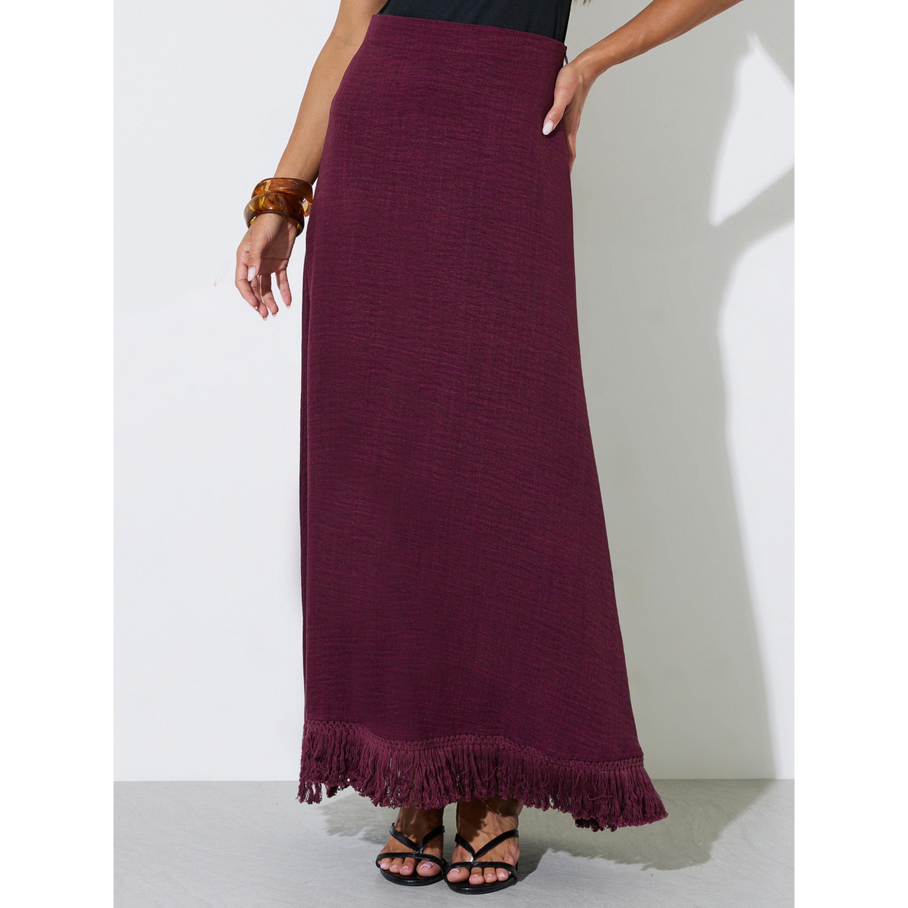 تنورة طويلة بحافة واسعة وتفاصيل شراشيب عند الحافة-women-clothing-skirts-image-1