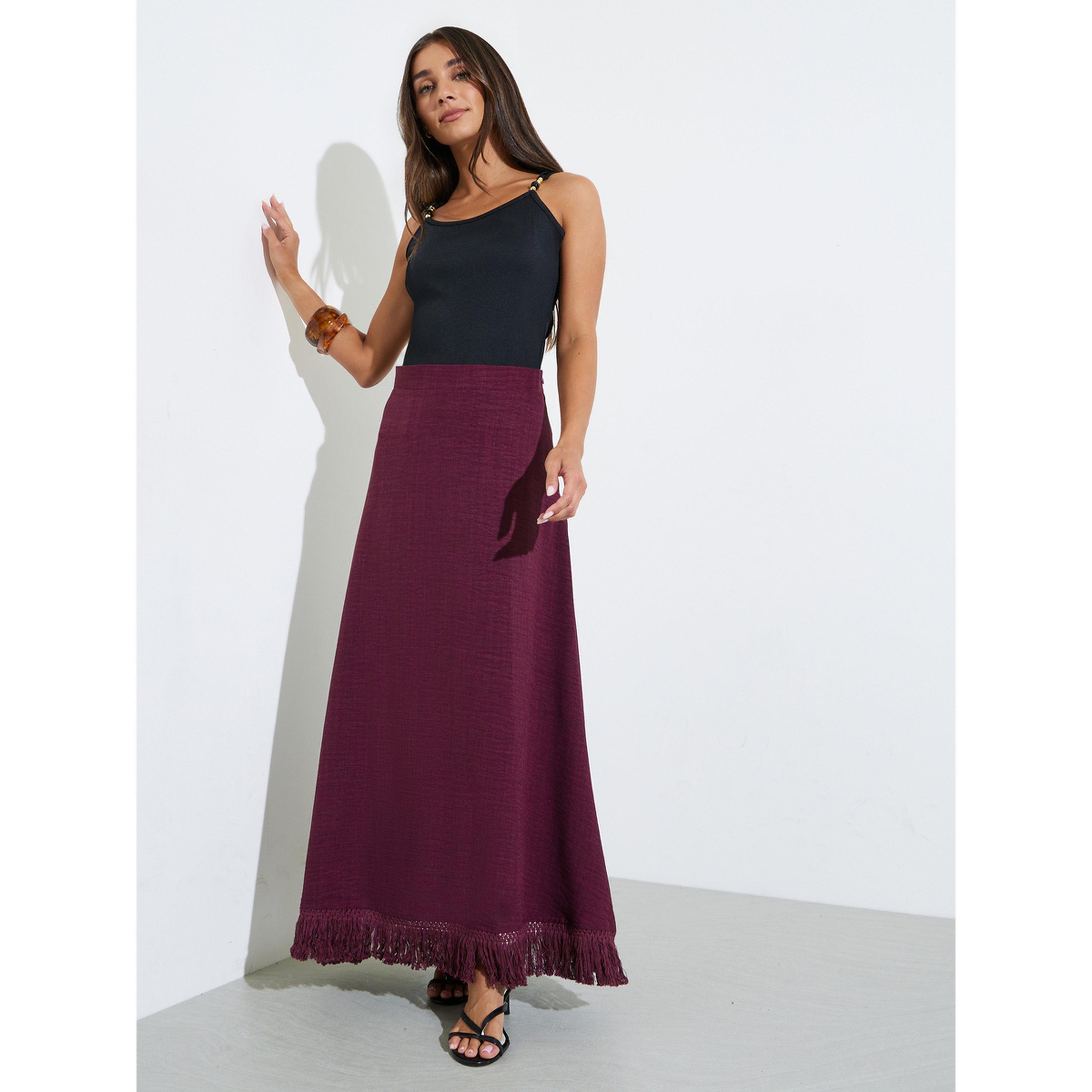 تنورة طويلة بحافة واسعة وتفاصيل شراشيب عند الحافة-women-clothing-skirts-image-2