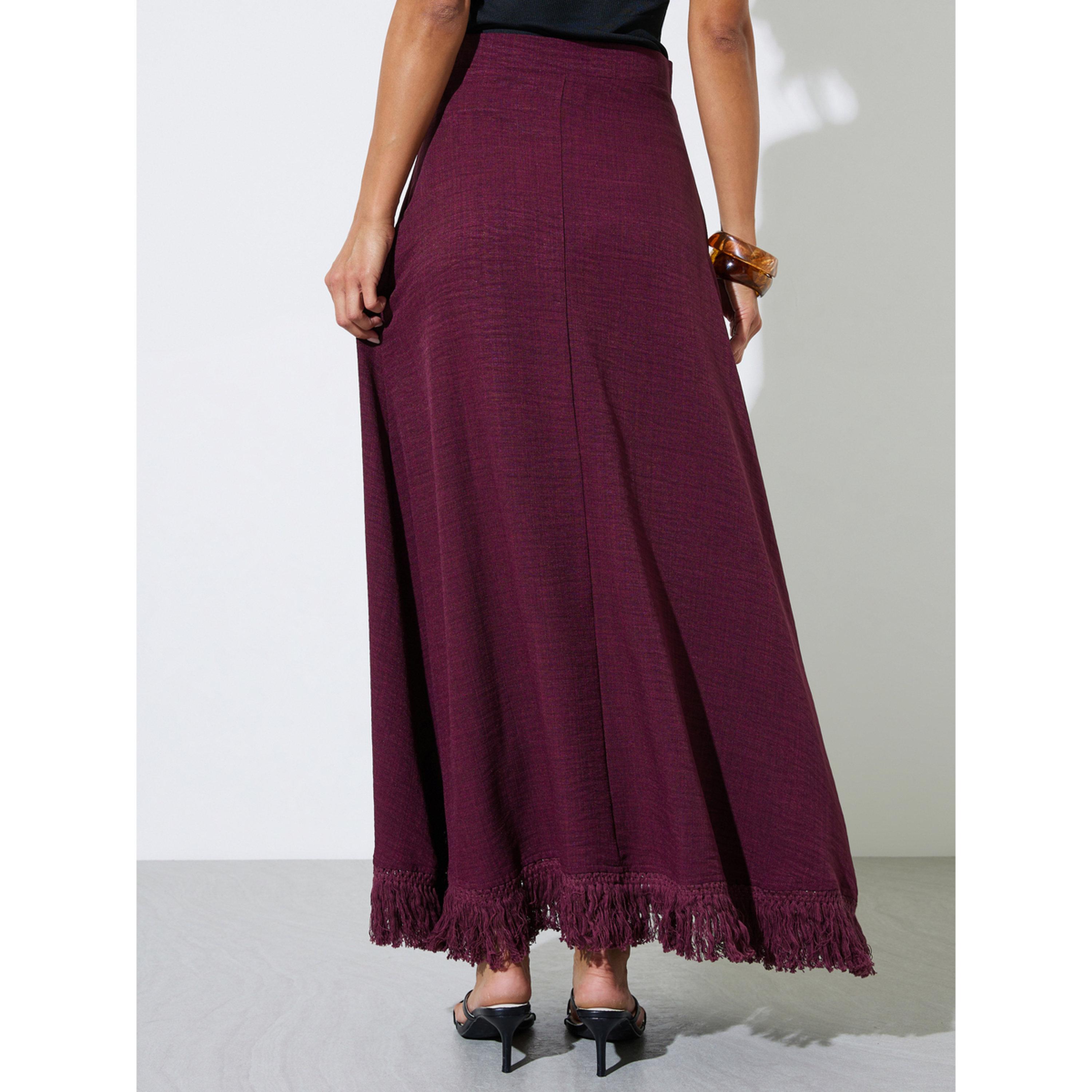 تنورة طويلة بحافة واسعة وتفاصيل شراشيب عند الحافة-women-clothing-skirts-image-5